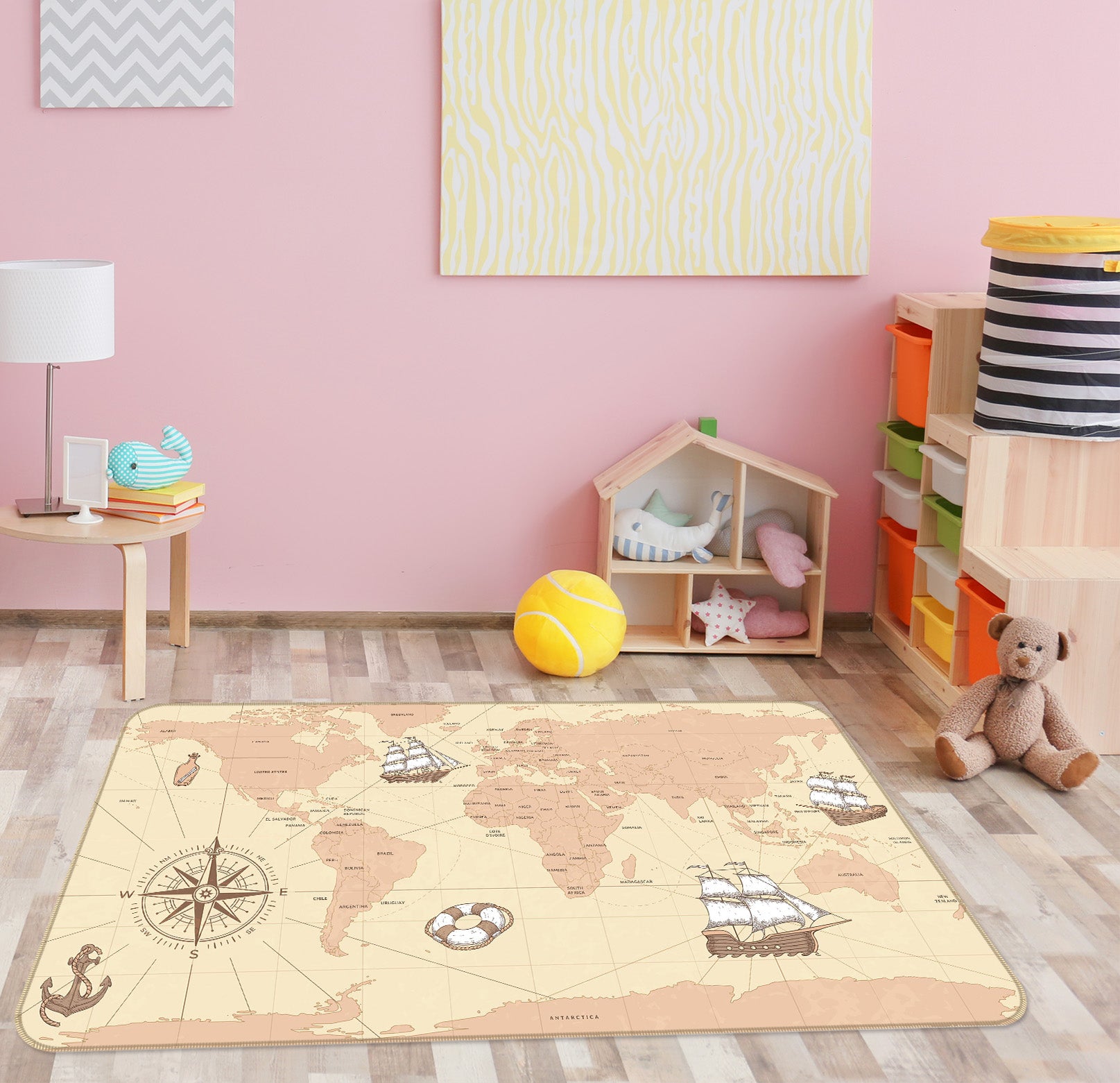 3D Cute Boat 2001 World Map Non Slip Rug Mat