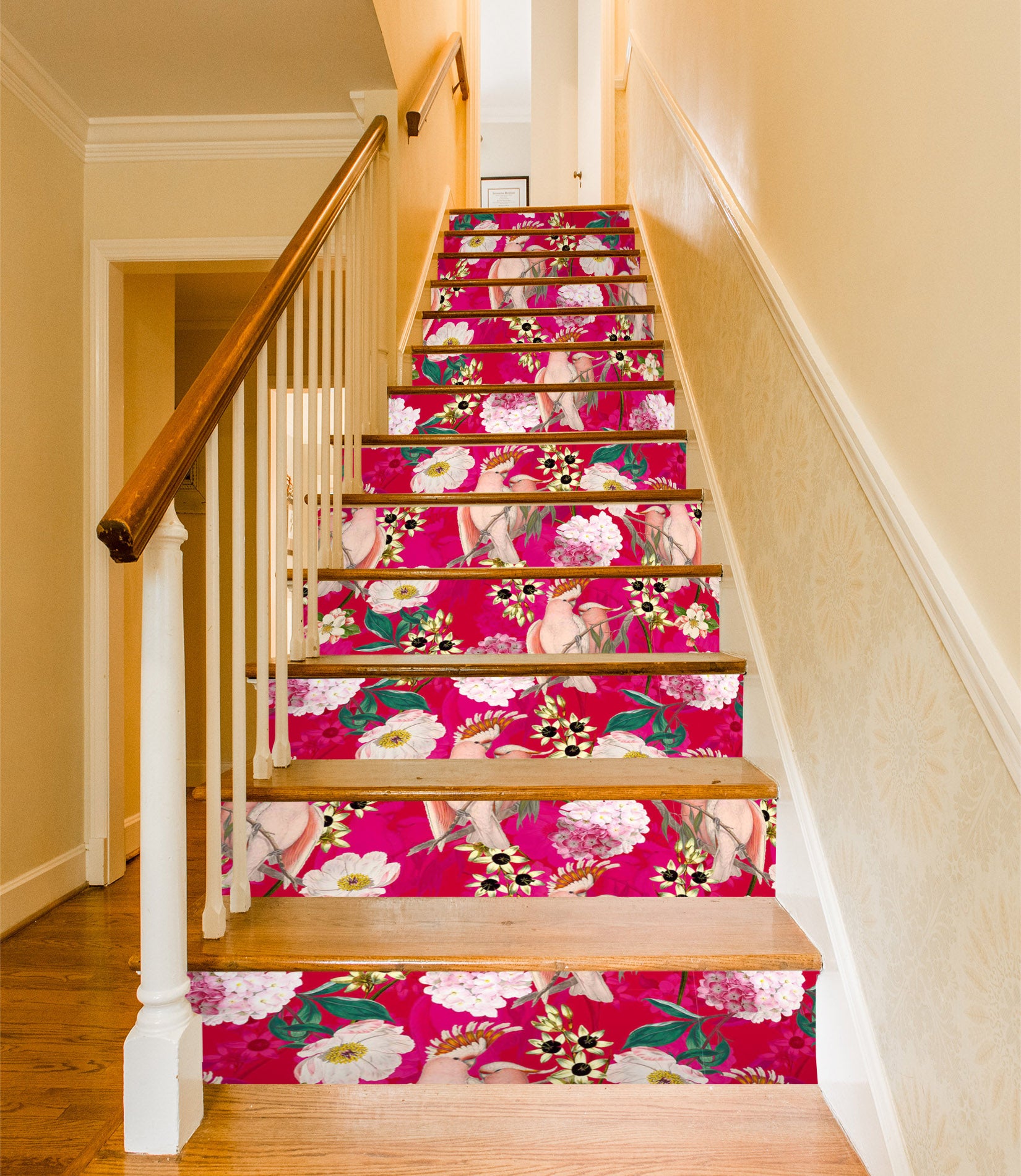 3D Red Bottom Pink Flower Bird 10401 Uta Naumann Stair Risers