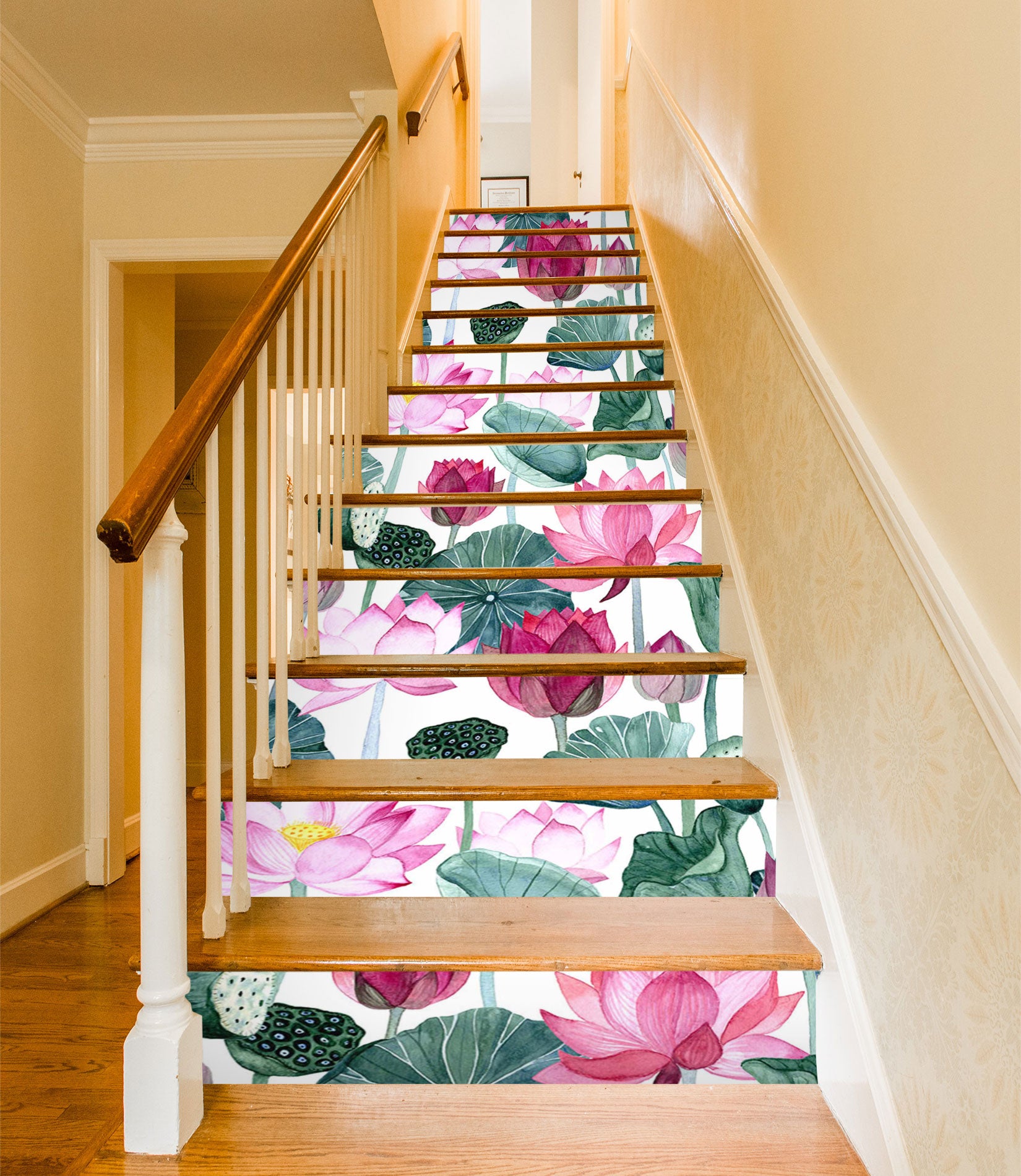 3D Pink Lotus Pond 494 Stair Risers