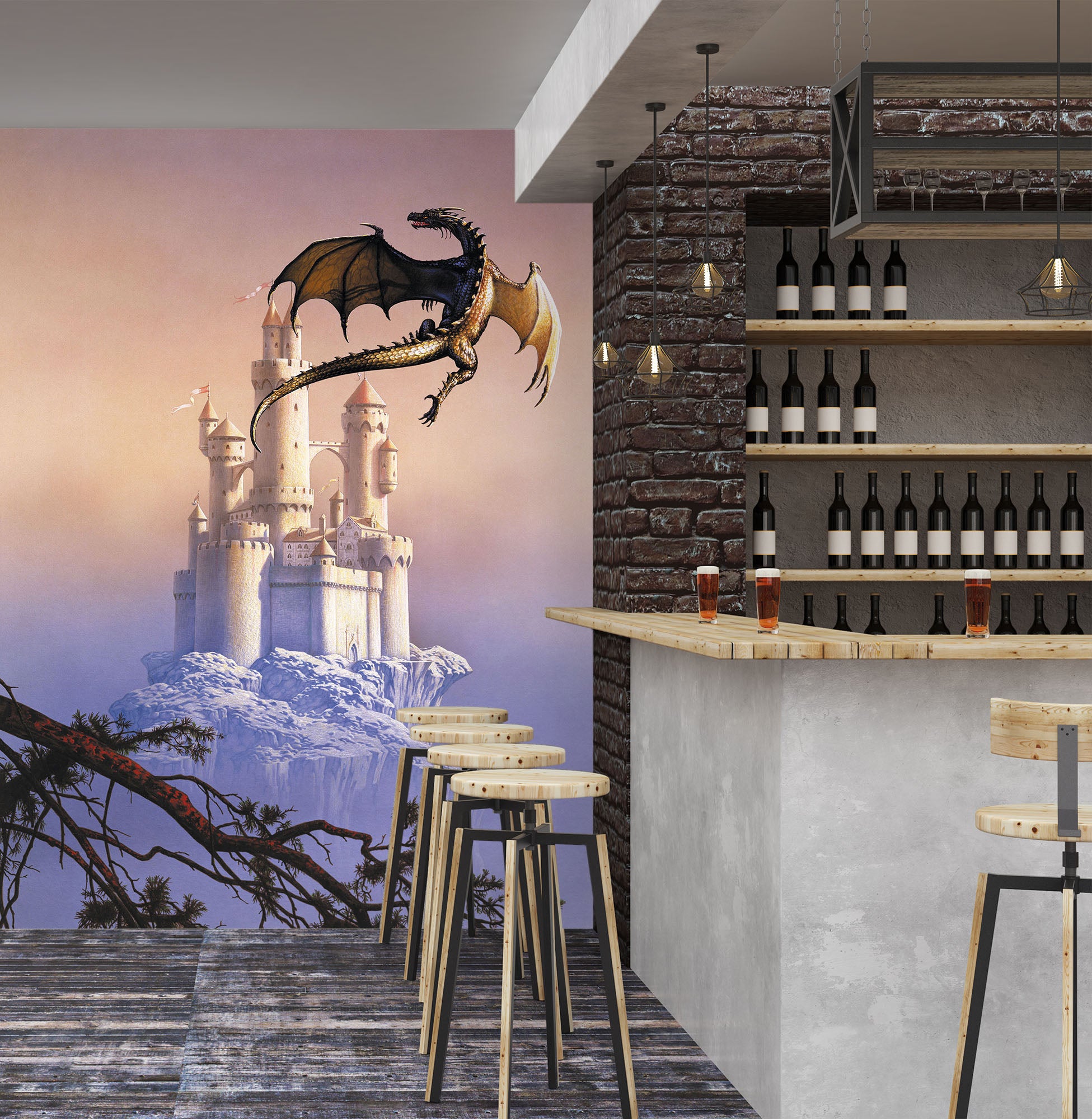 3D Castle Flying Dragon 7093 Ciruelo Wall Mural Wall Murals