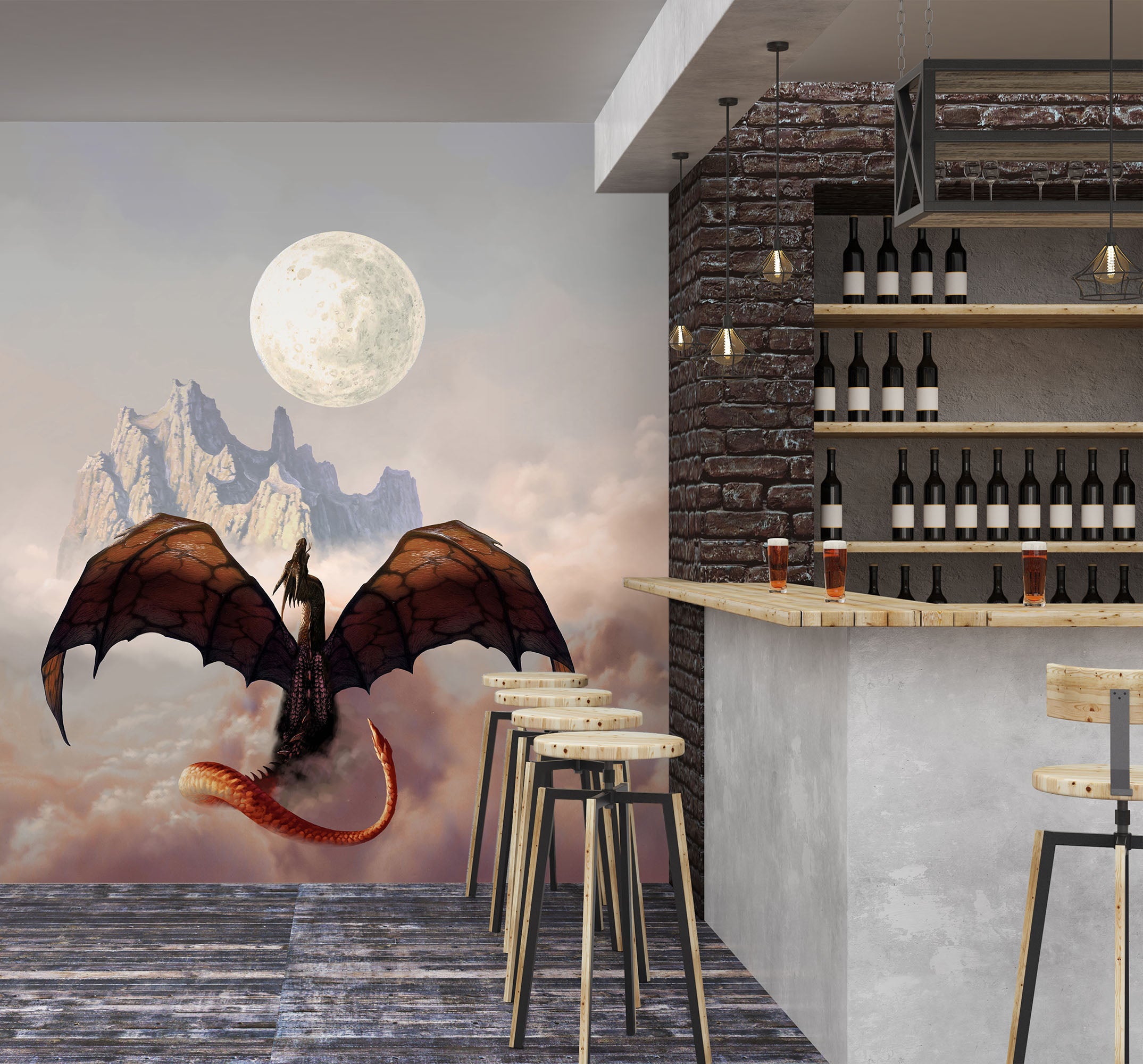 3D Moon Hill Dragon 7132 Ciruelo Wall Mural Wall Murals