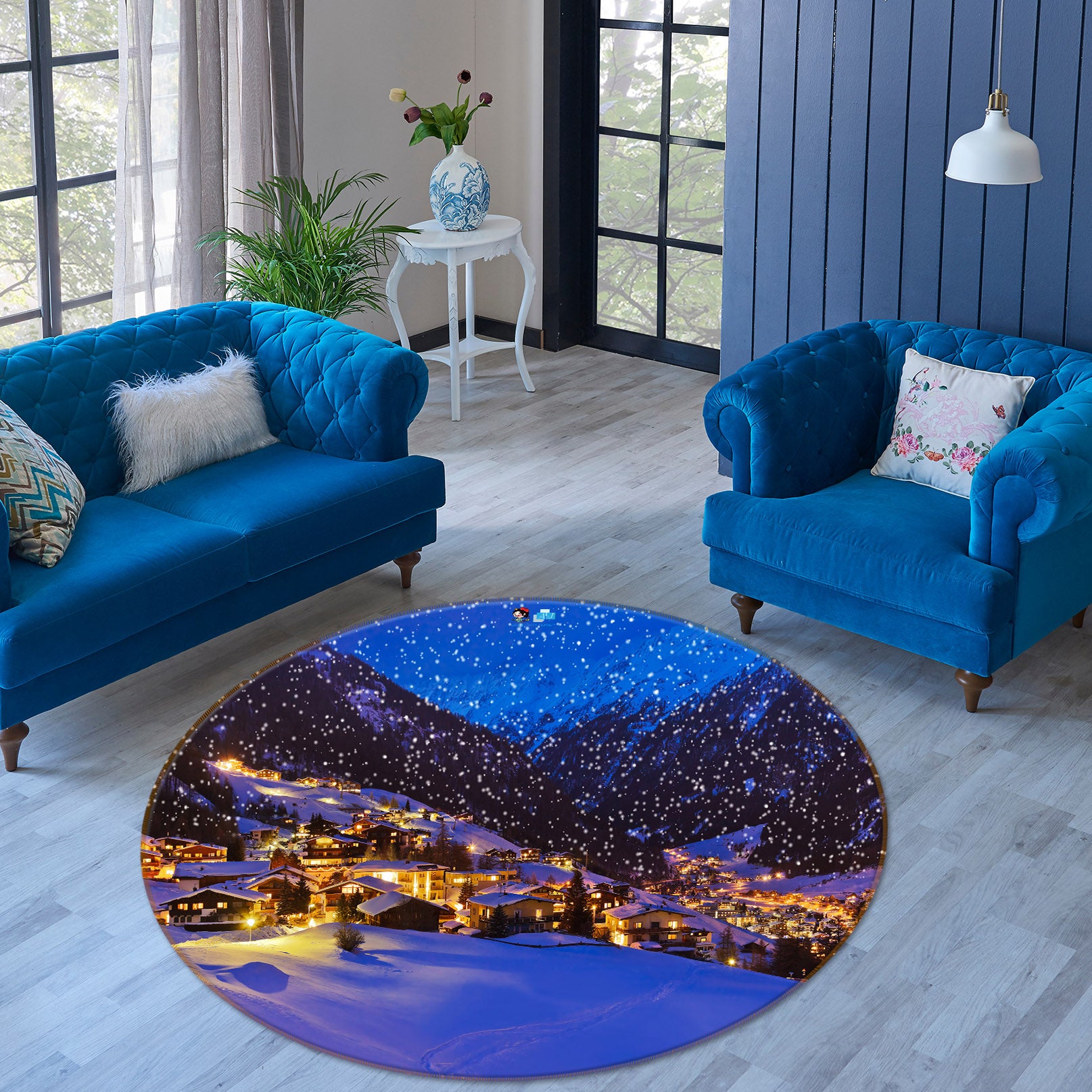 3D Snow Mountain Houses 56070 Christmas Round Non Slip Rug Mat Xmas