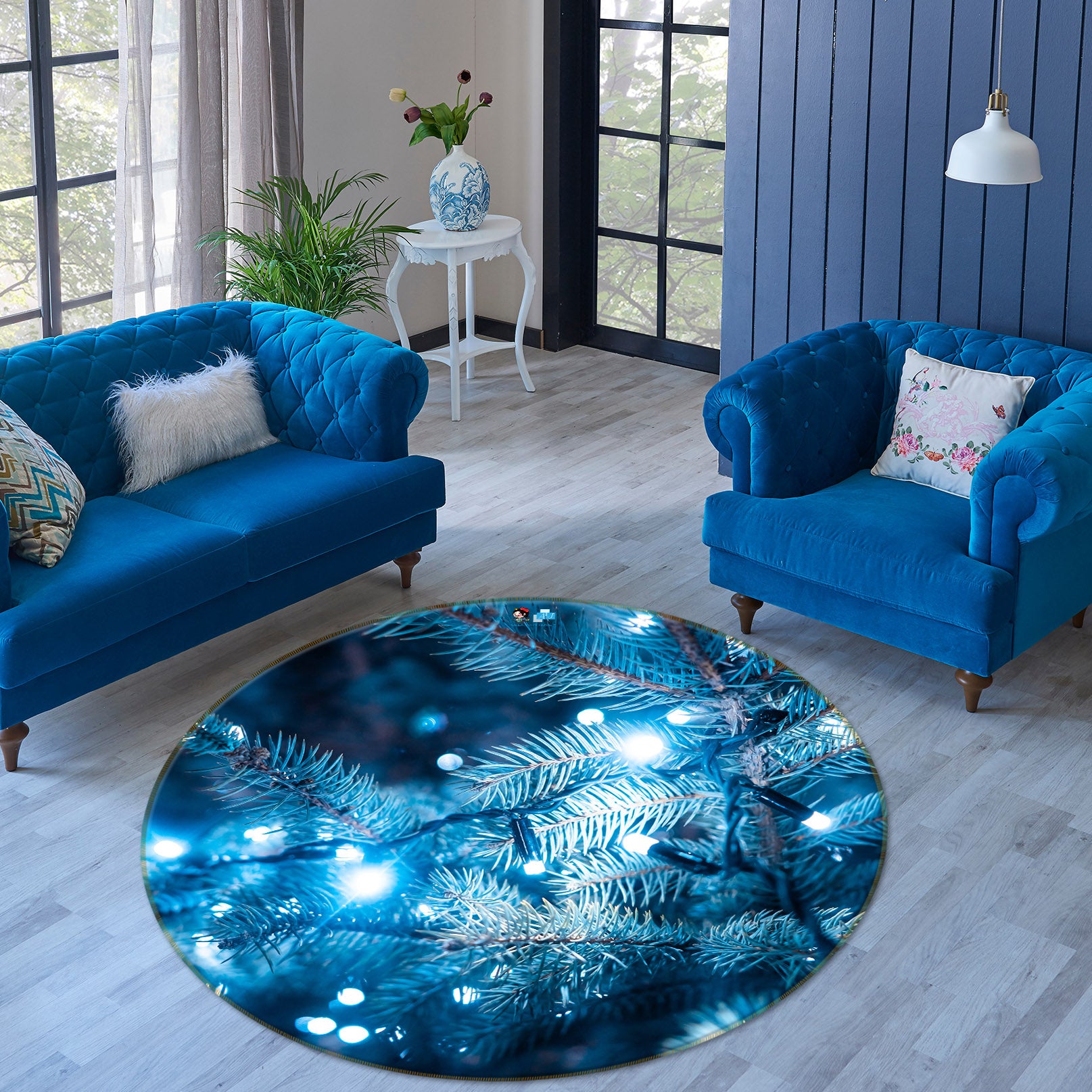 3D Branches Light 55266 Christmas Round Non Slip Rug Mat Xmas