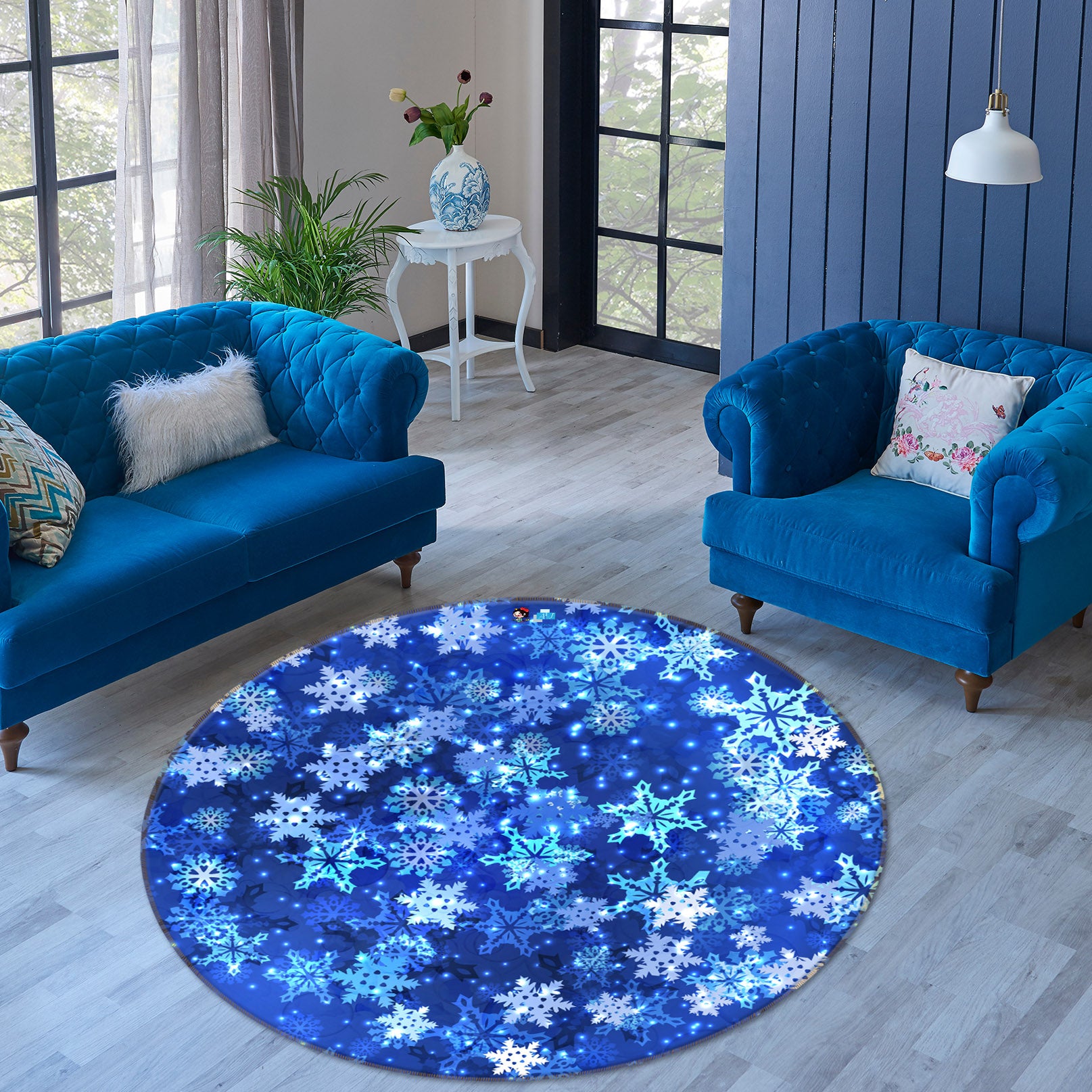 3D Blue Snowflakes 56046 Christmas Round Non Slip Rug Mat Xmas