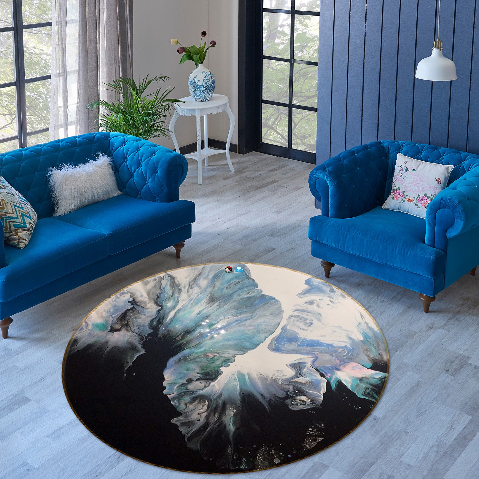 3D Blue Black Blooming 40007 Valerie Latrice Rug Round Non Slip Rug Mat