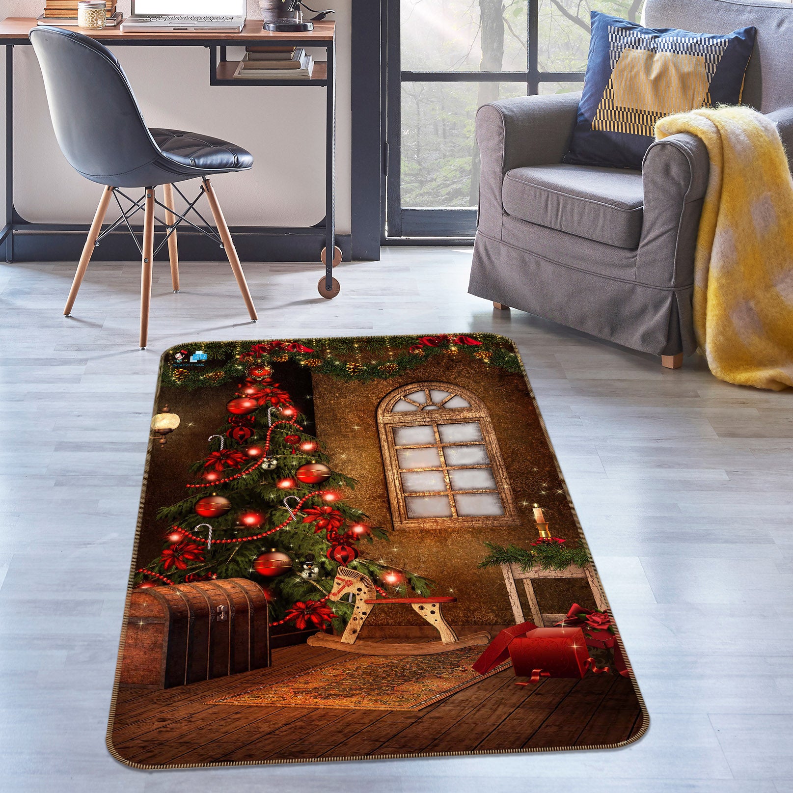 3D Tree Window Trojan Horse 57018 Christmas Non Slip Rug Mat Xmas