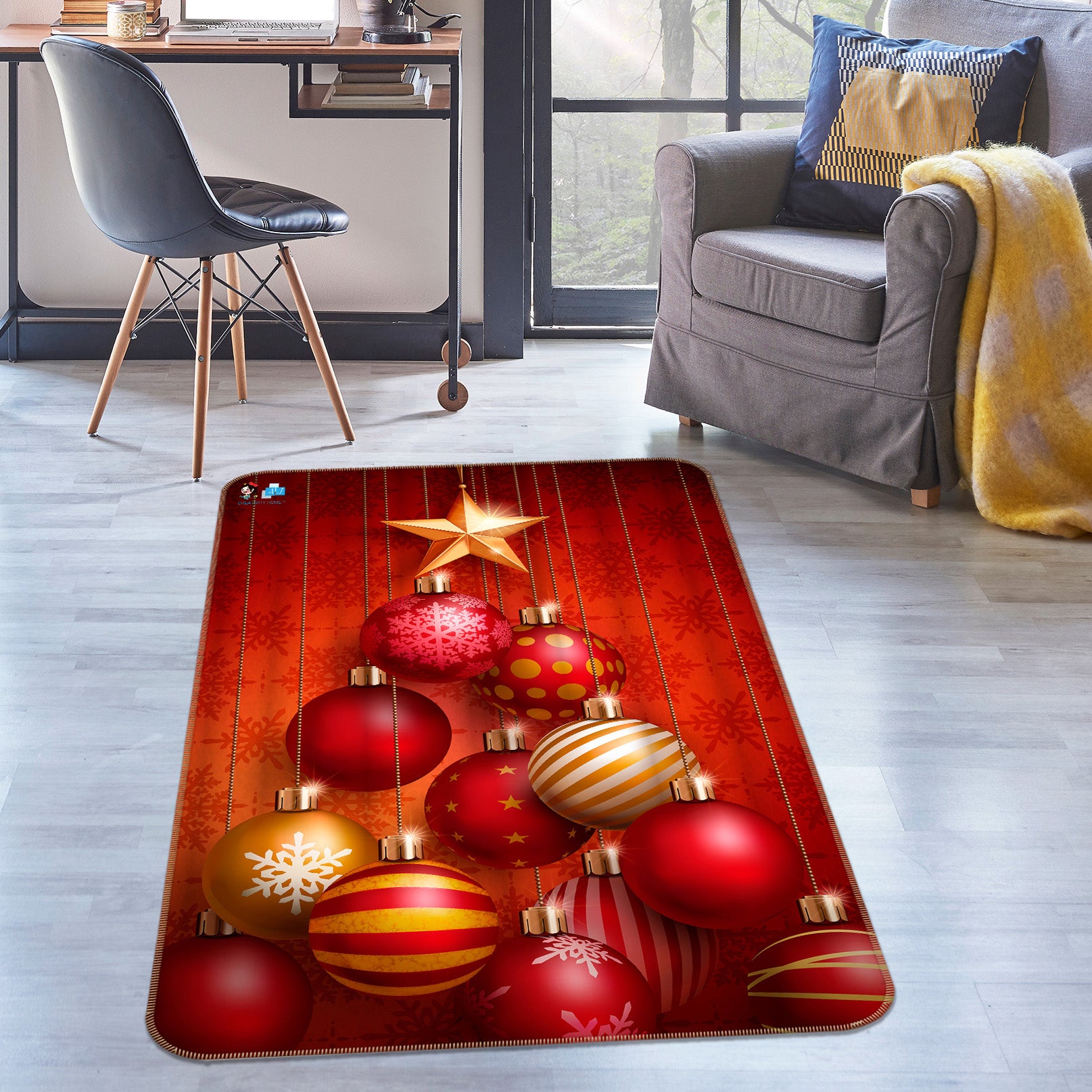 3D Red Ball Tree Yellow Stars 57006 Christmas Non Slip Rug Mat Xmas