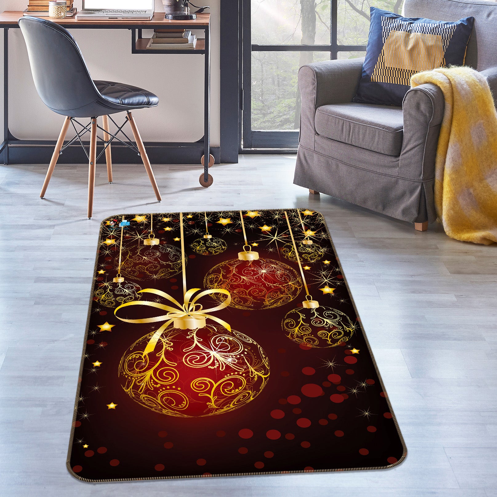 3D Golden Ball Pendant 57016 Christmas Non Slip Rug Mat Xmas