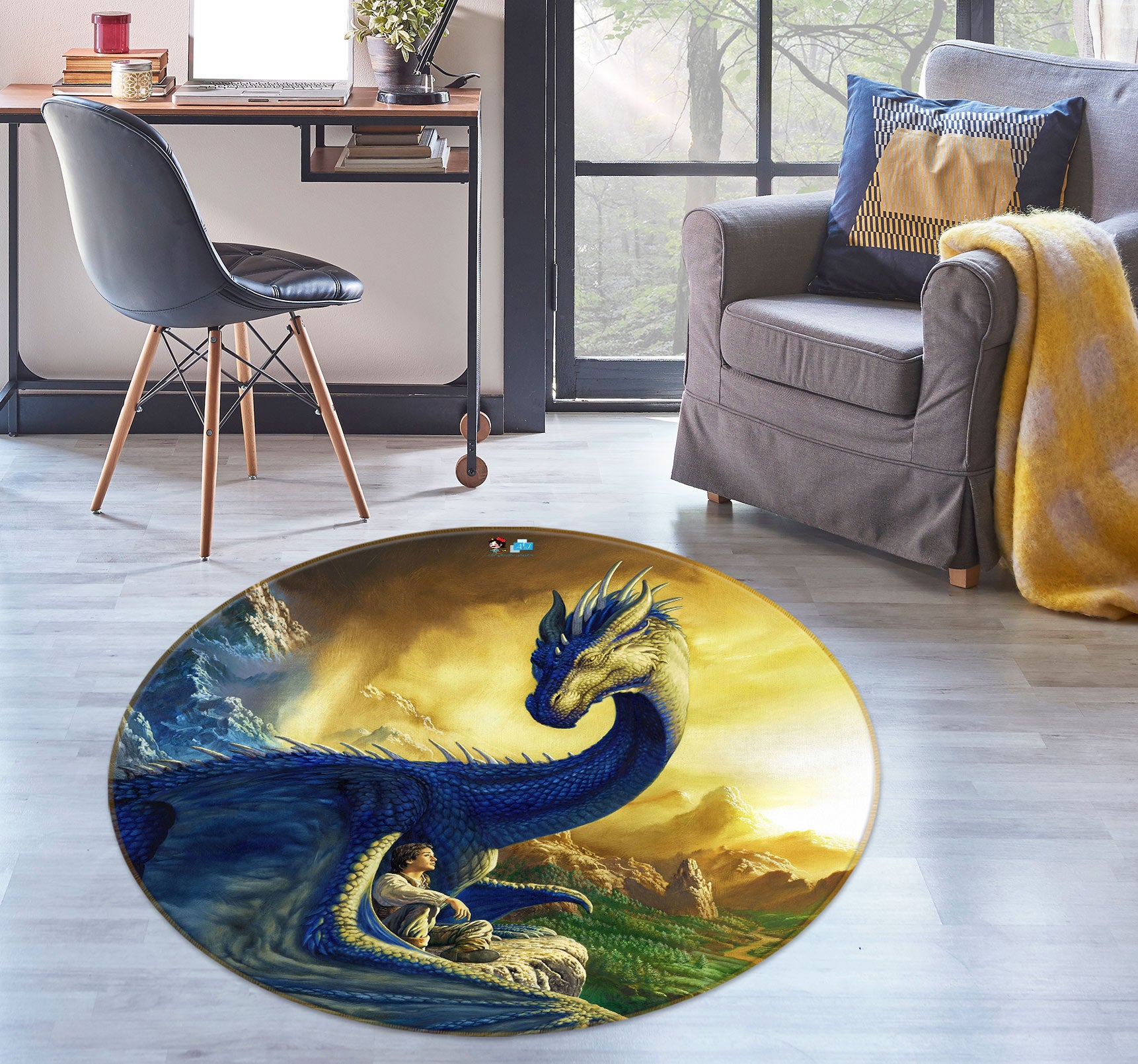 3D Big Dragon 6149 Ciruelo Rug Round Non Slip Rug Mat