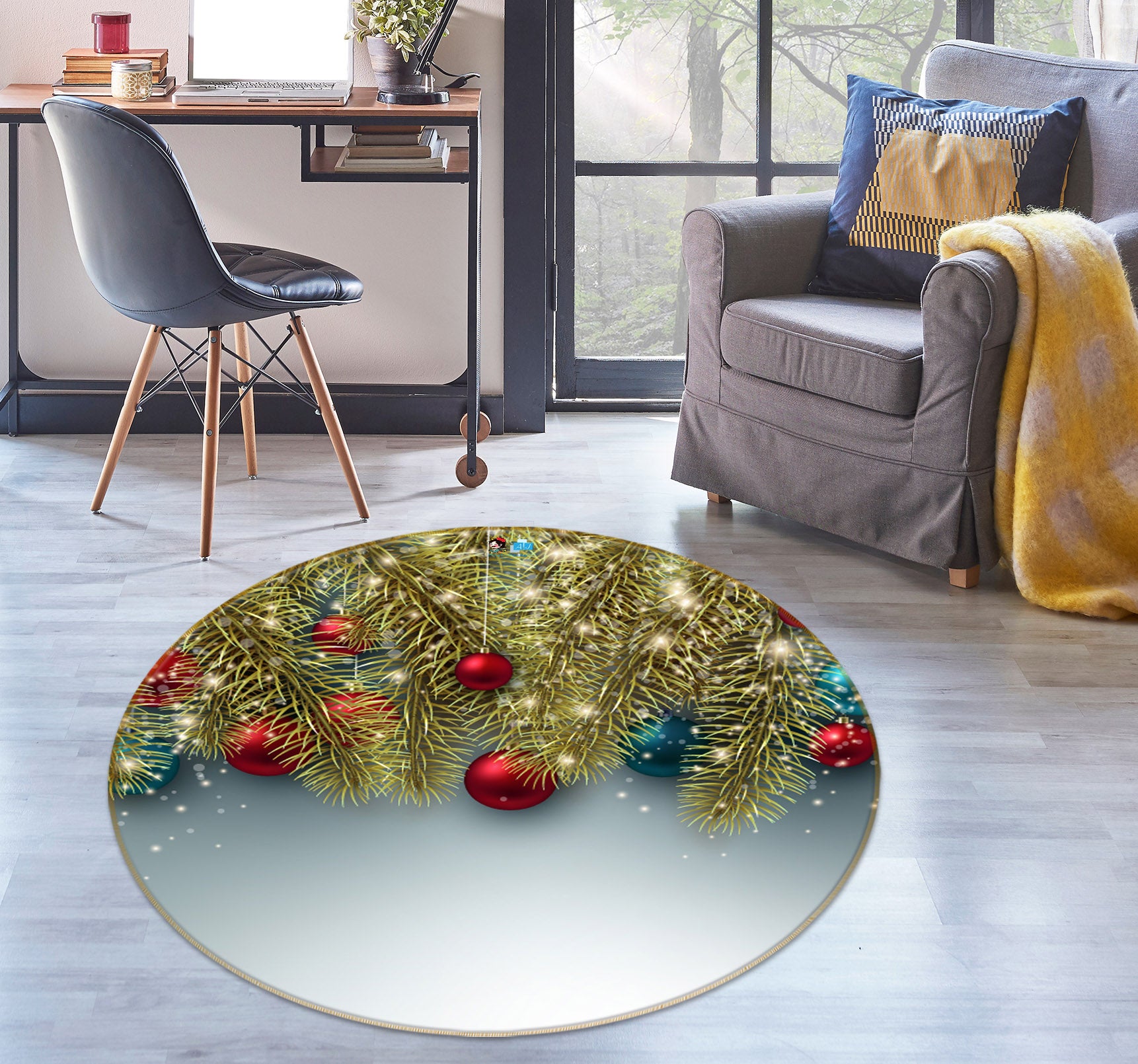 3D Golden Branches 56074 Christmas Round Non Slip Rug Mat Xmas