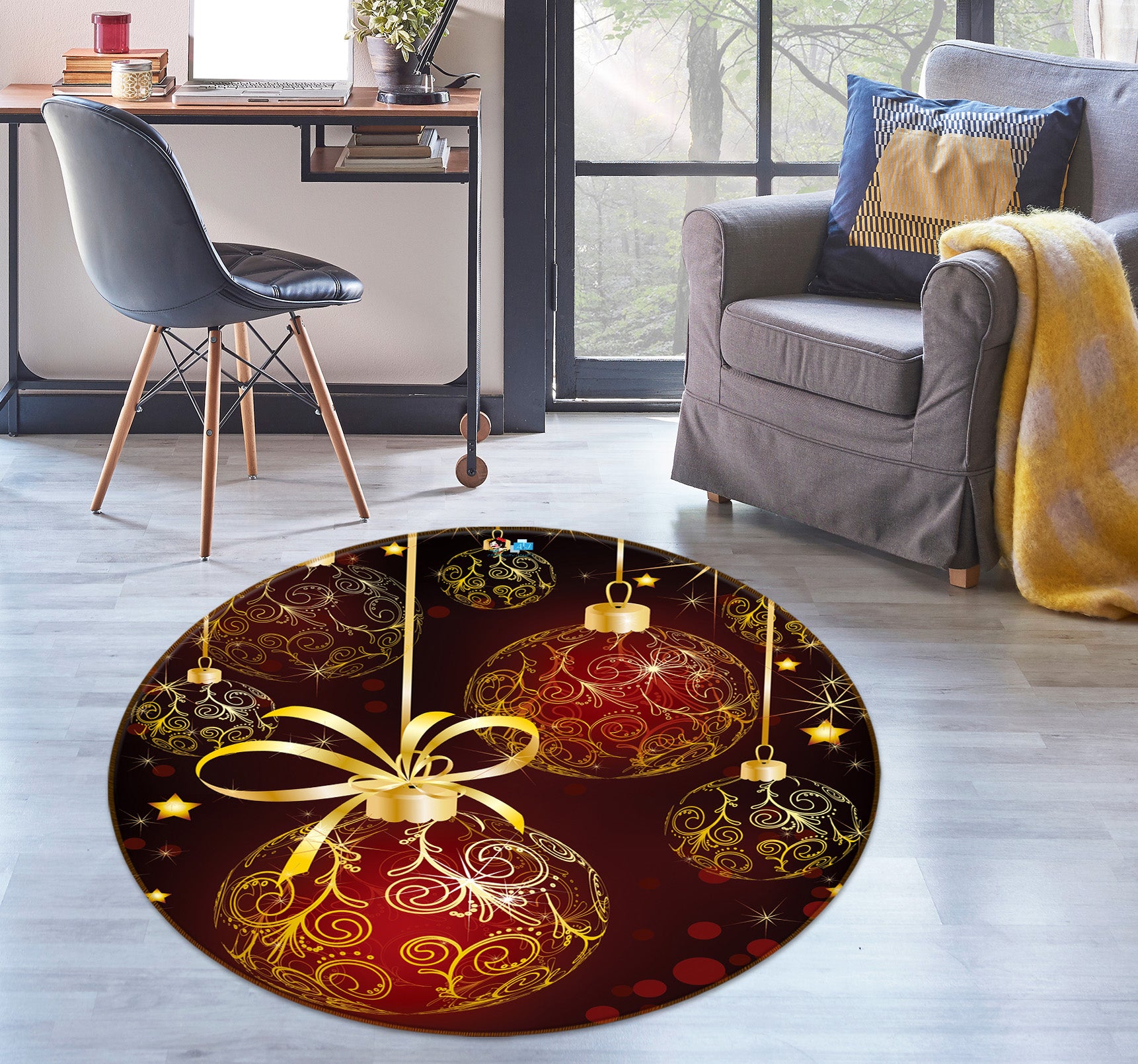 3D Golden Ball 56006 Christmas Round Non Slip Rug Mat Xmas