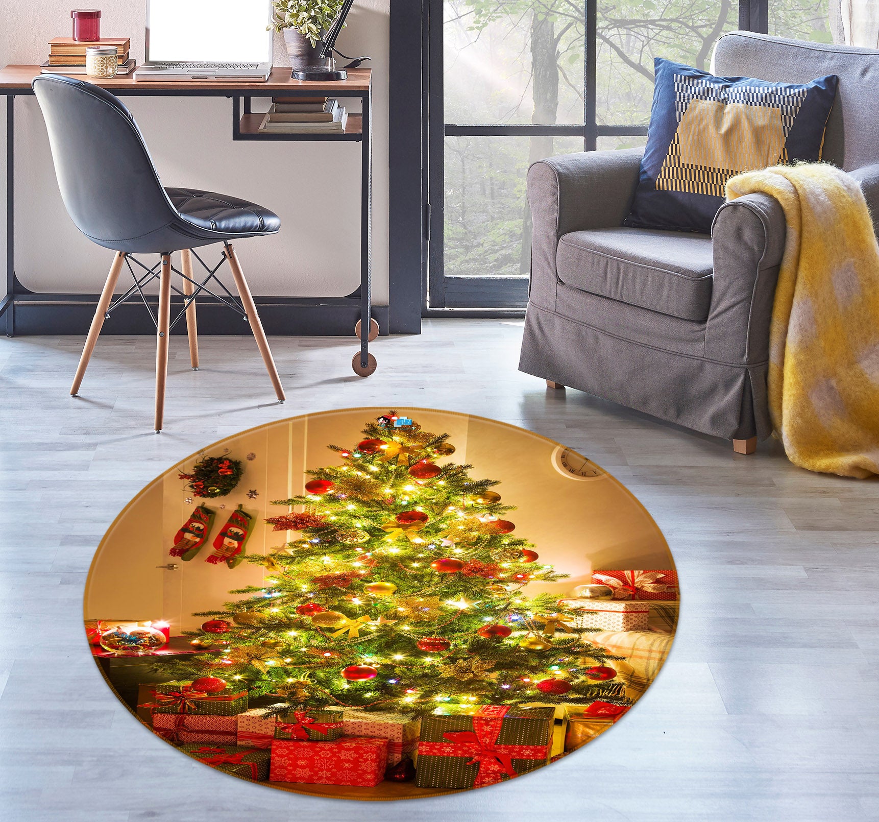 3D Tree Gift 56034 Christmas Round Non Slip Rug Mat Xmas