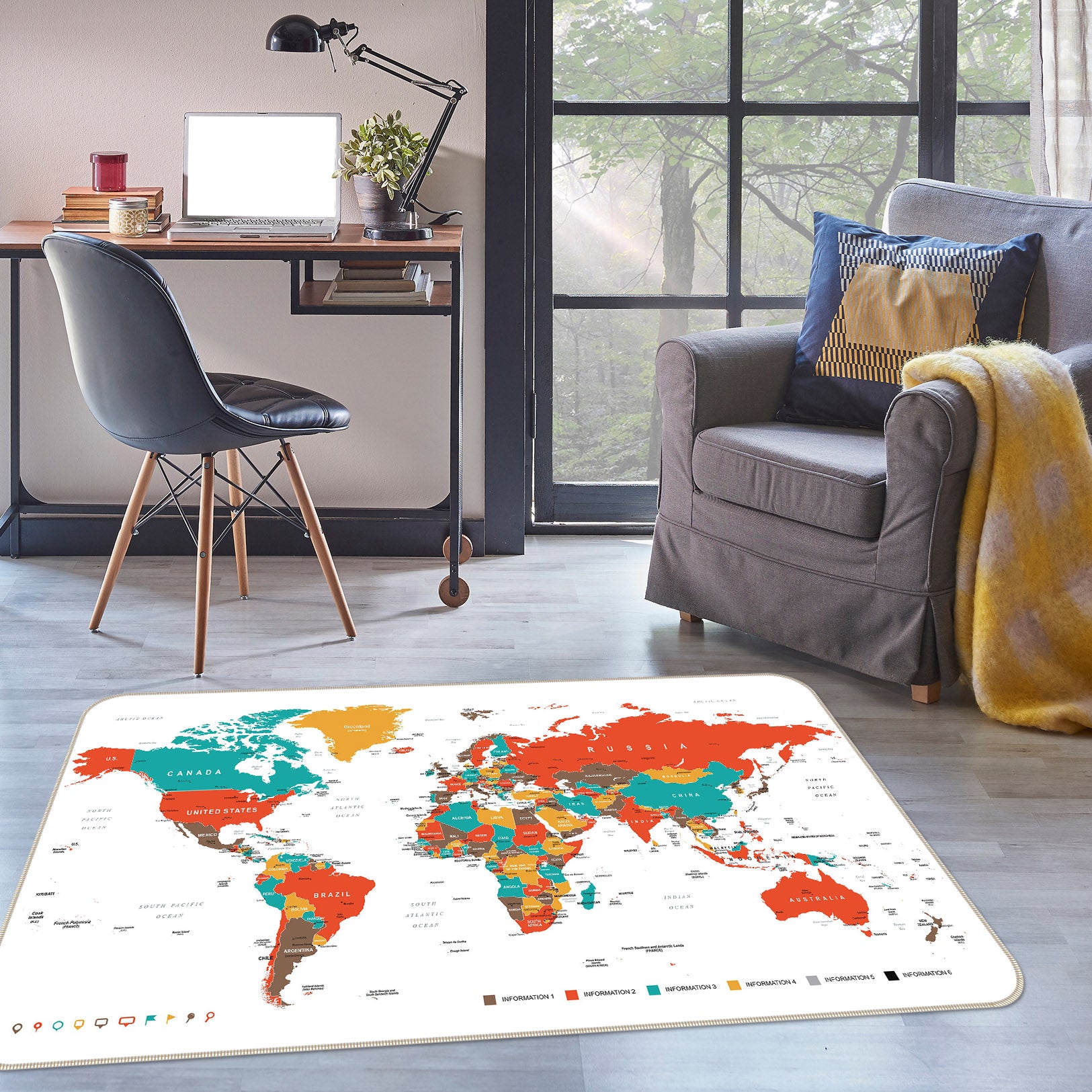 3D Color Clouds 252 World Map Non Slip Rug Mat