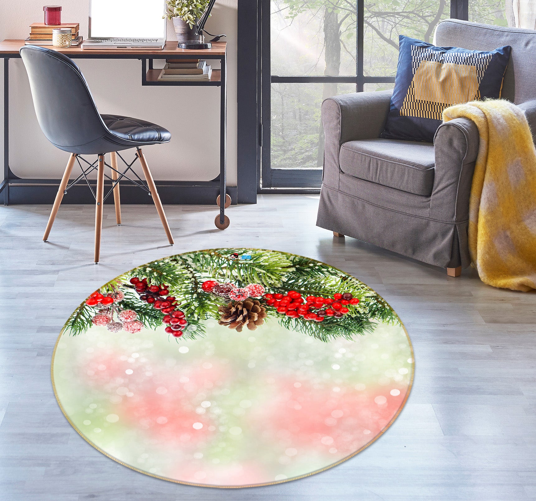 3D Branches Snow 56014 Christmas Round Non Slip Rug Mat Xmas