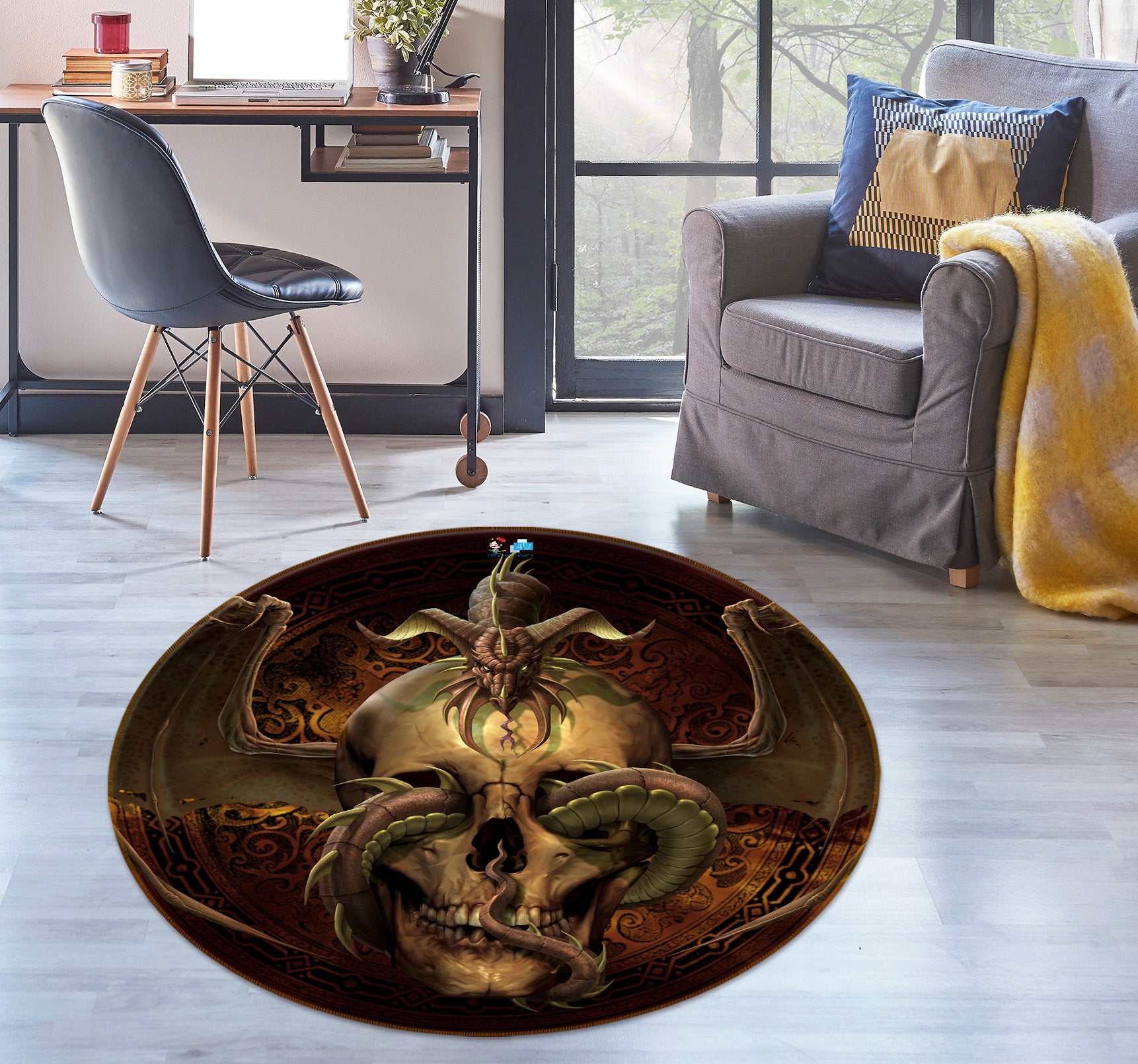 3D Skull Dragon 4173 Tom Wood Rug Round Non Slip Rug Mat