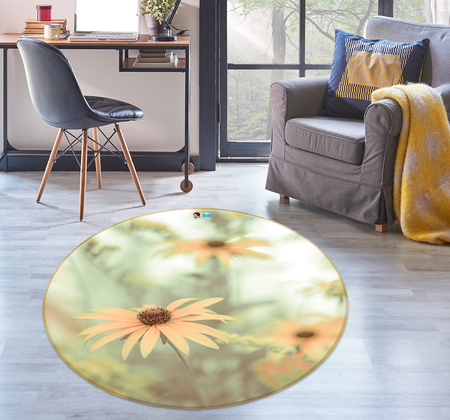 3D Orange Daisy 7514 Assaf Frank Rug Round Non Slip Rug Mat