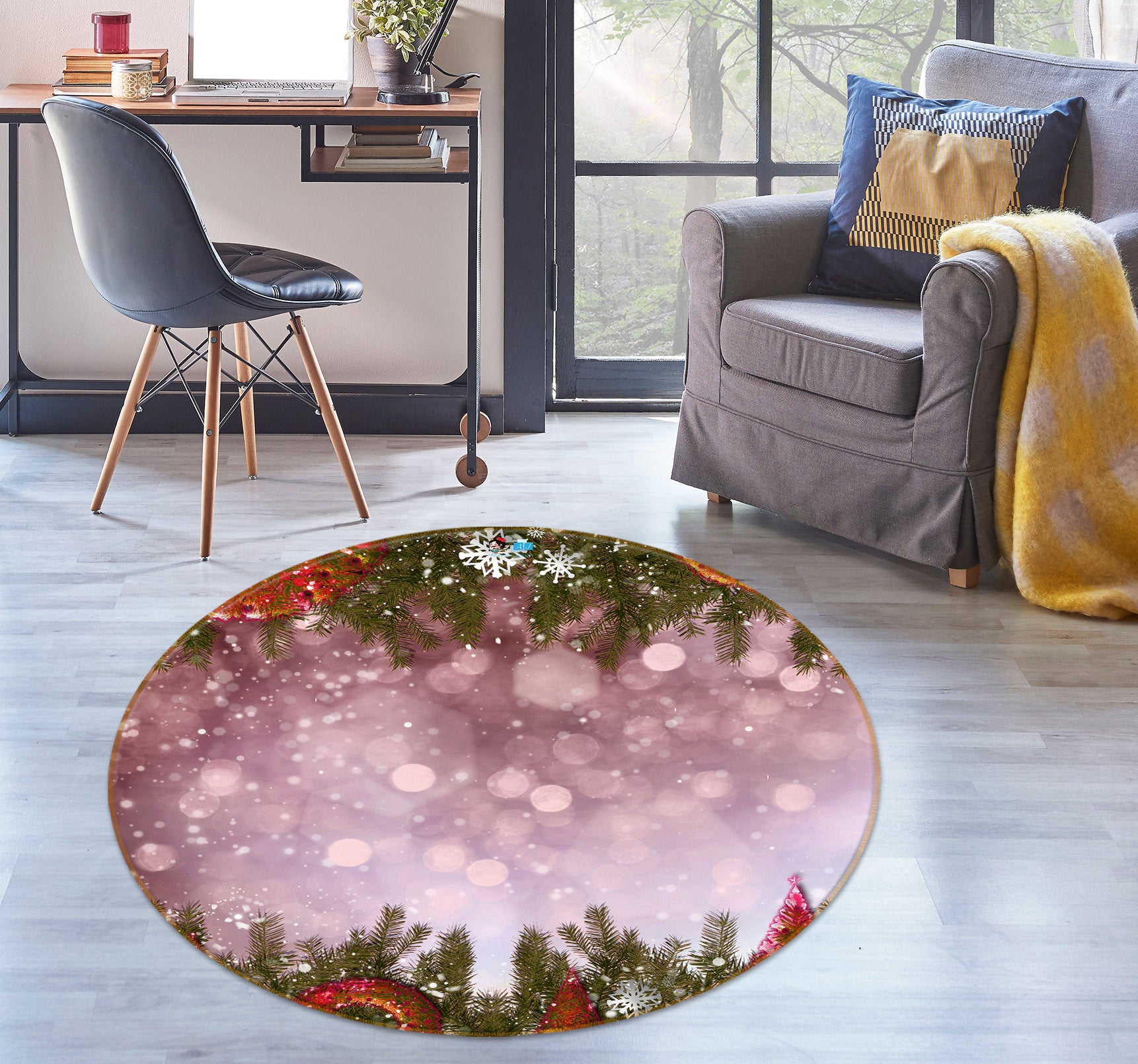 3D Branches Snowflake 56043 Christmas Round Non Slip Rug Mat Xmas