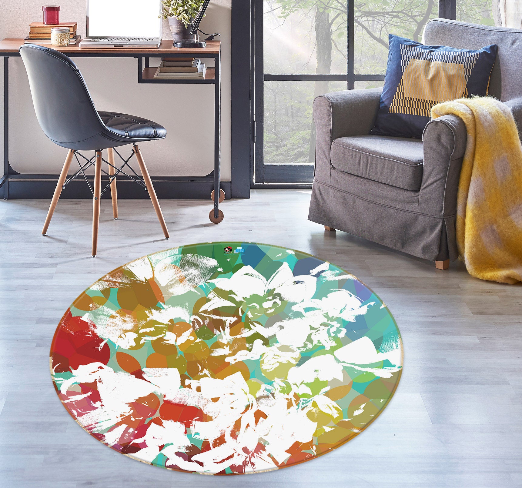 3D White Flowers Butterfly 46894 Shandra Smith Rug Round Non Slip Rug Mat