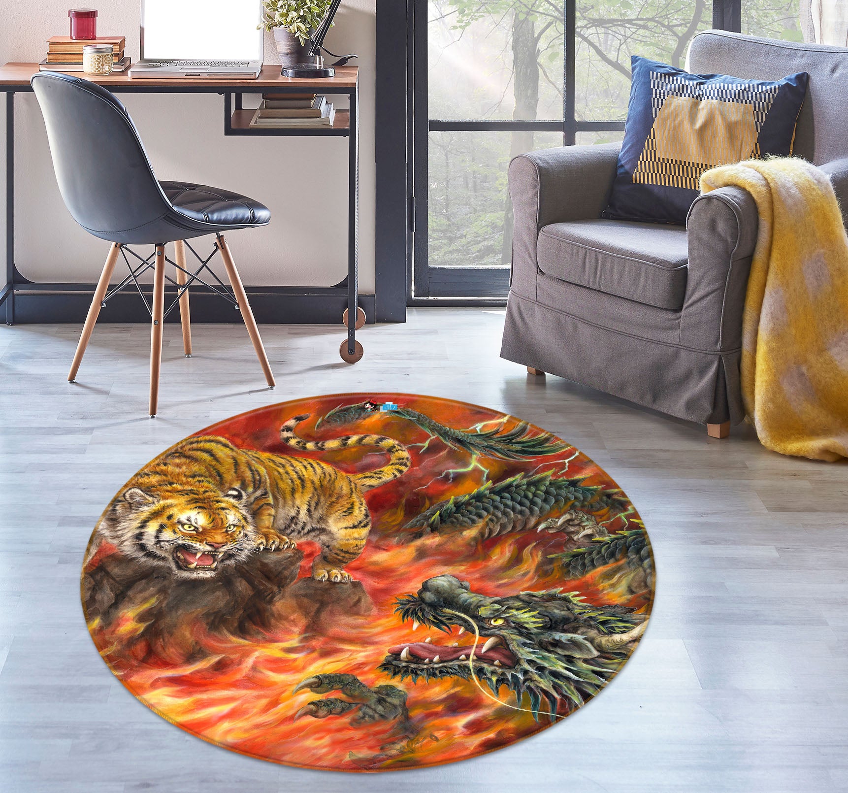 3D Tiger Dragon 6024 Kayomi Harai Rug Round Non Slip Rug Mat