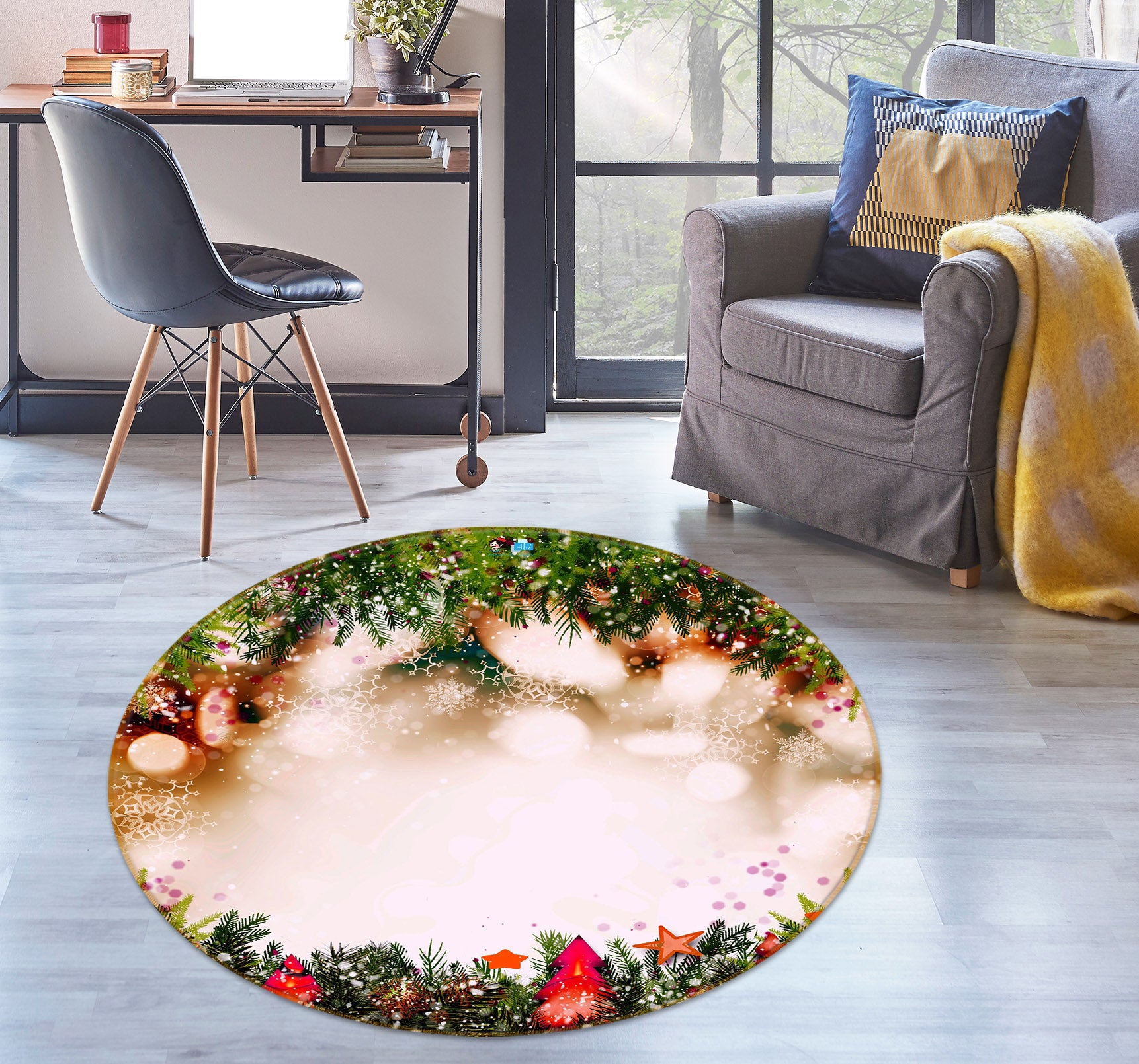 3D Branches 56042 Christmas Round Non Slip Rug Mat Xmas