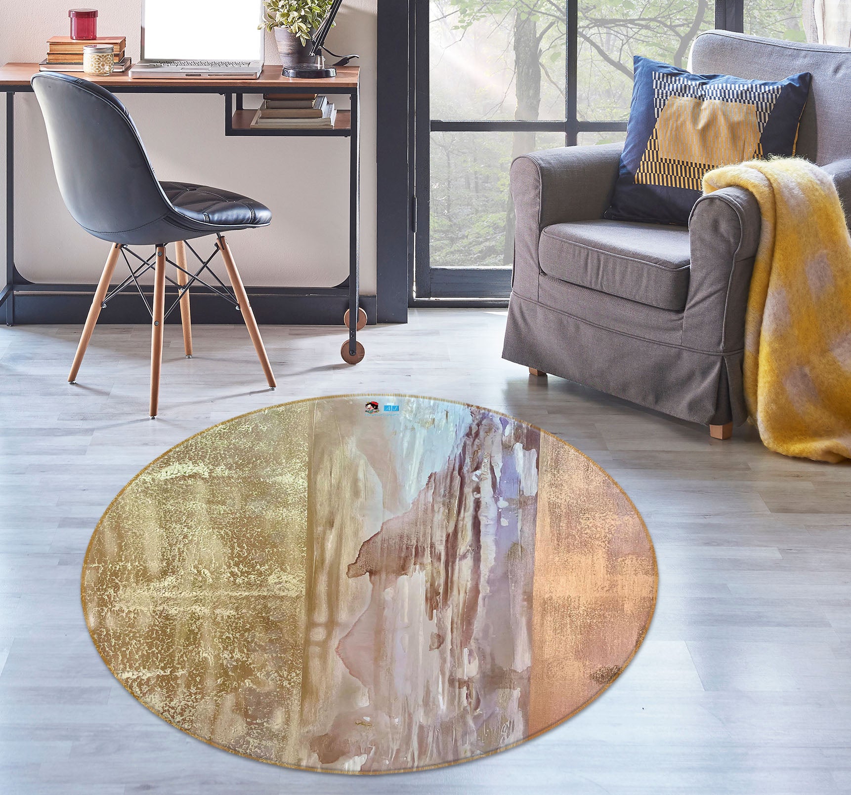 3D Yellow Paint 4032 Skromova Marina Rug Round Non Slip Rug Mat