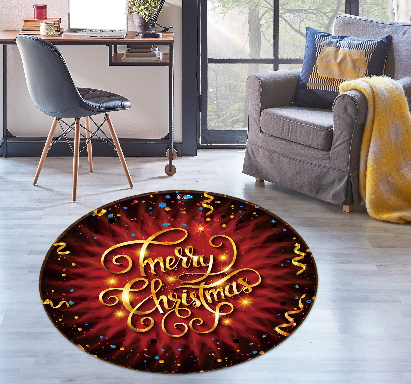 3D Golden Letters 56089 Christmas Round Non Slip Rug Mat Xmas