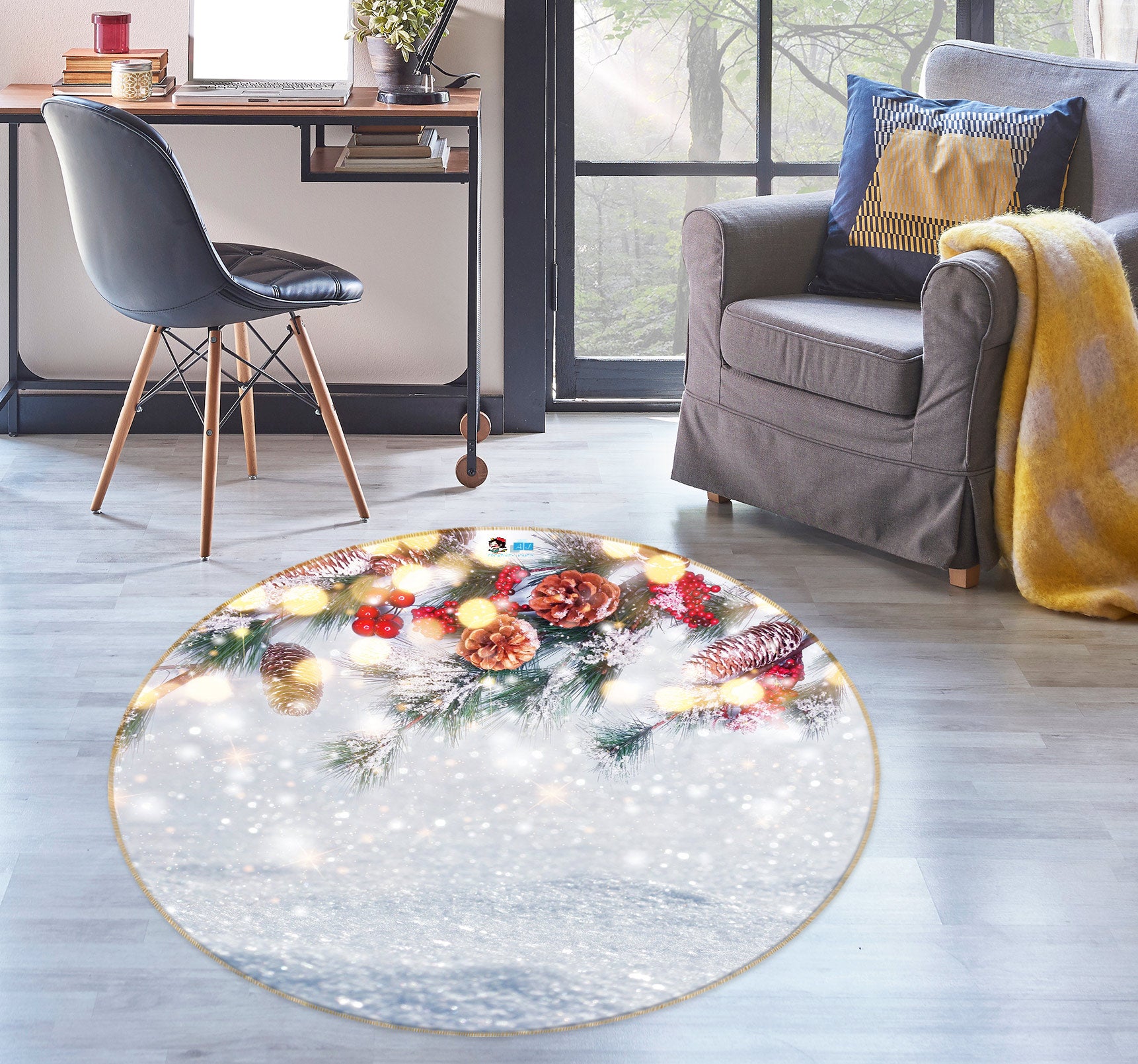 3D Snow Branches 55258 Christmas Round Non Slip Rug Mat Xmas