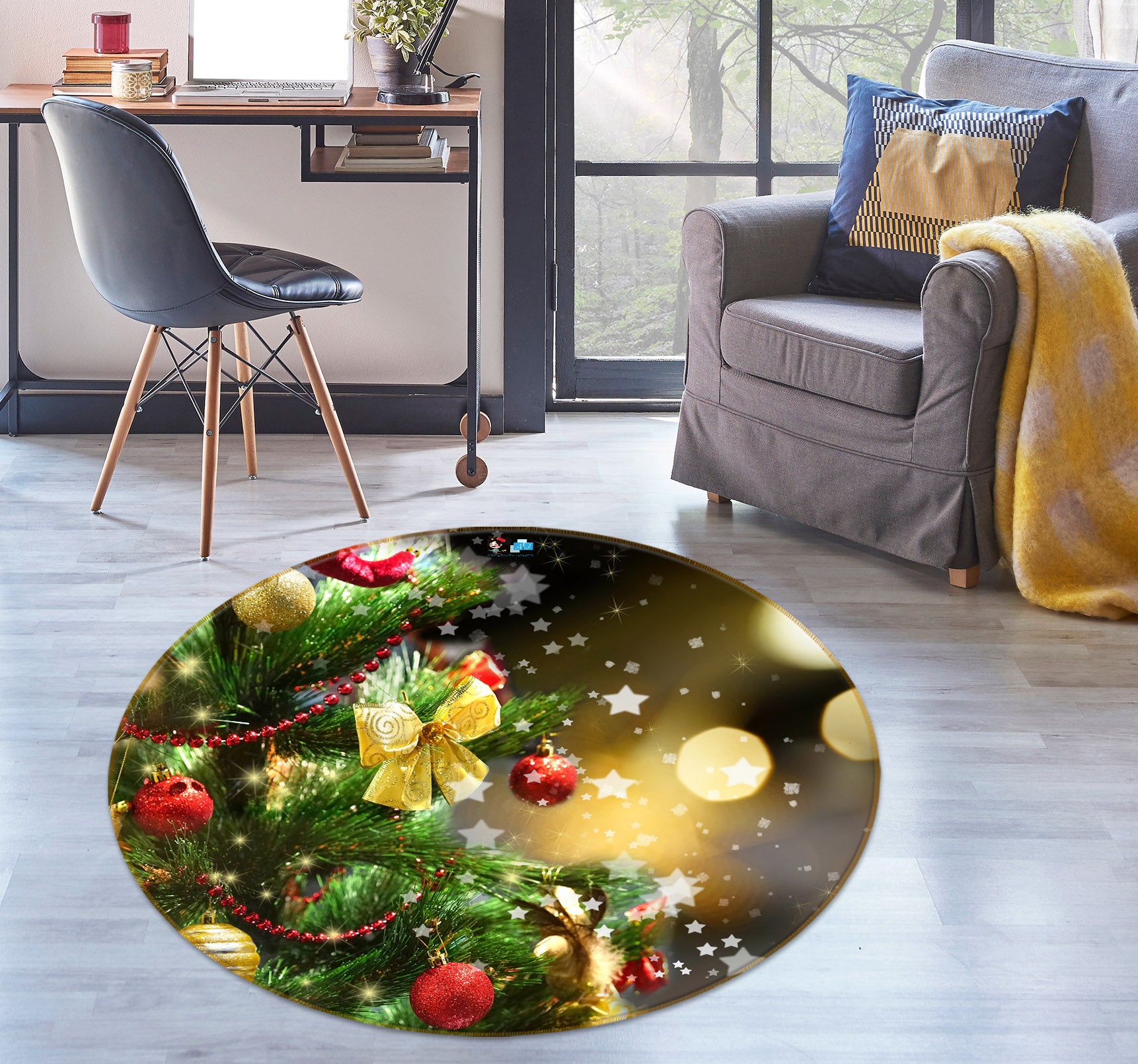 3D Red Ball Bow 56079 Christmas Round Non Slip Rug Mat Xmas