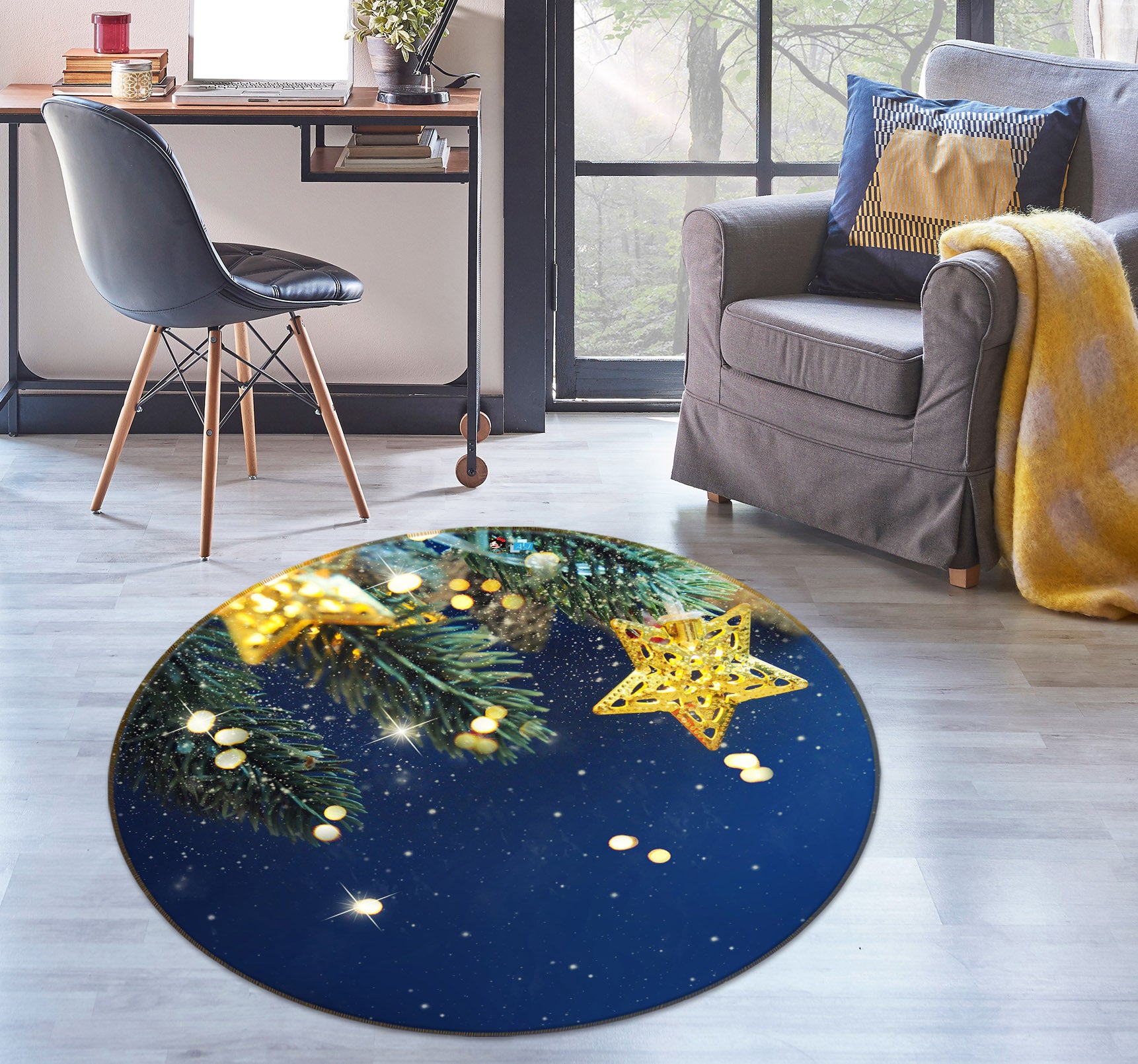3D Branches Yellow Stars 56045 Christmas Round Non Slip Rug Mat Xmas