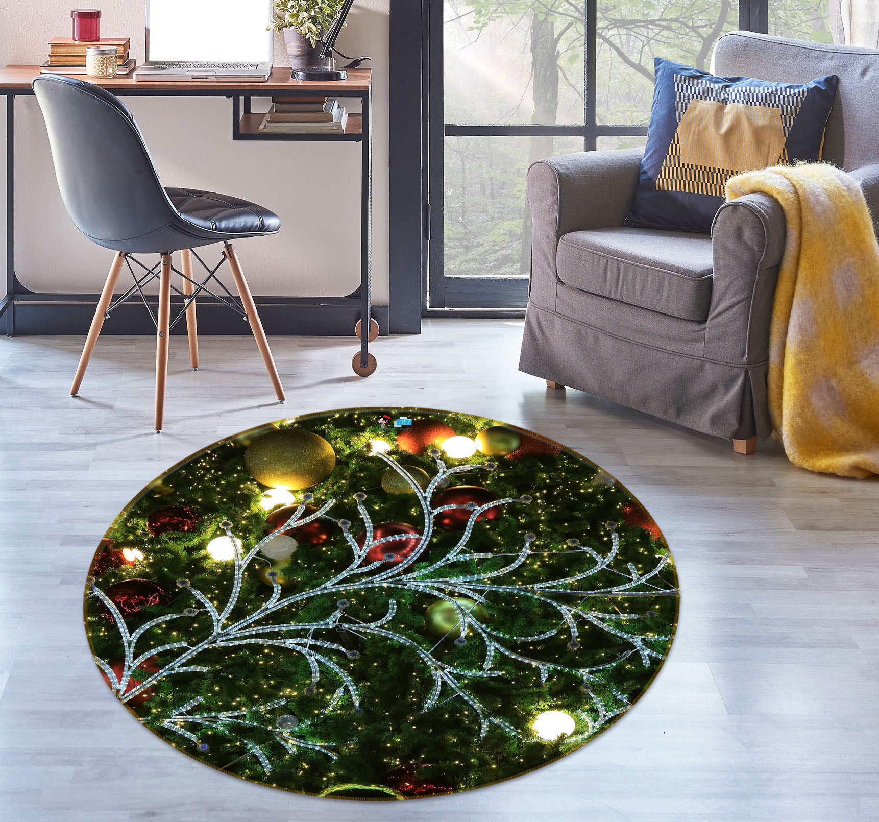 3D Branch Ball 56061 Christmas Round Non Slip Rug Mat Xmas