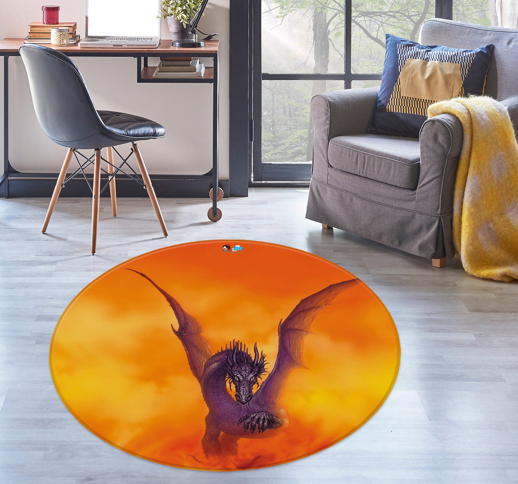 3D Orange Cloud Dragon 6063 Ciruelo Rug Round Non Slip Rug Mat