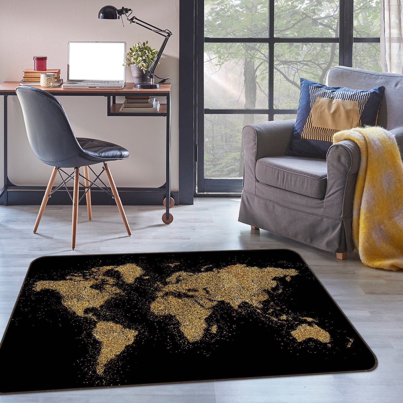 3D Gold Pattern 282 World Map Non Slip Rug Mat