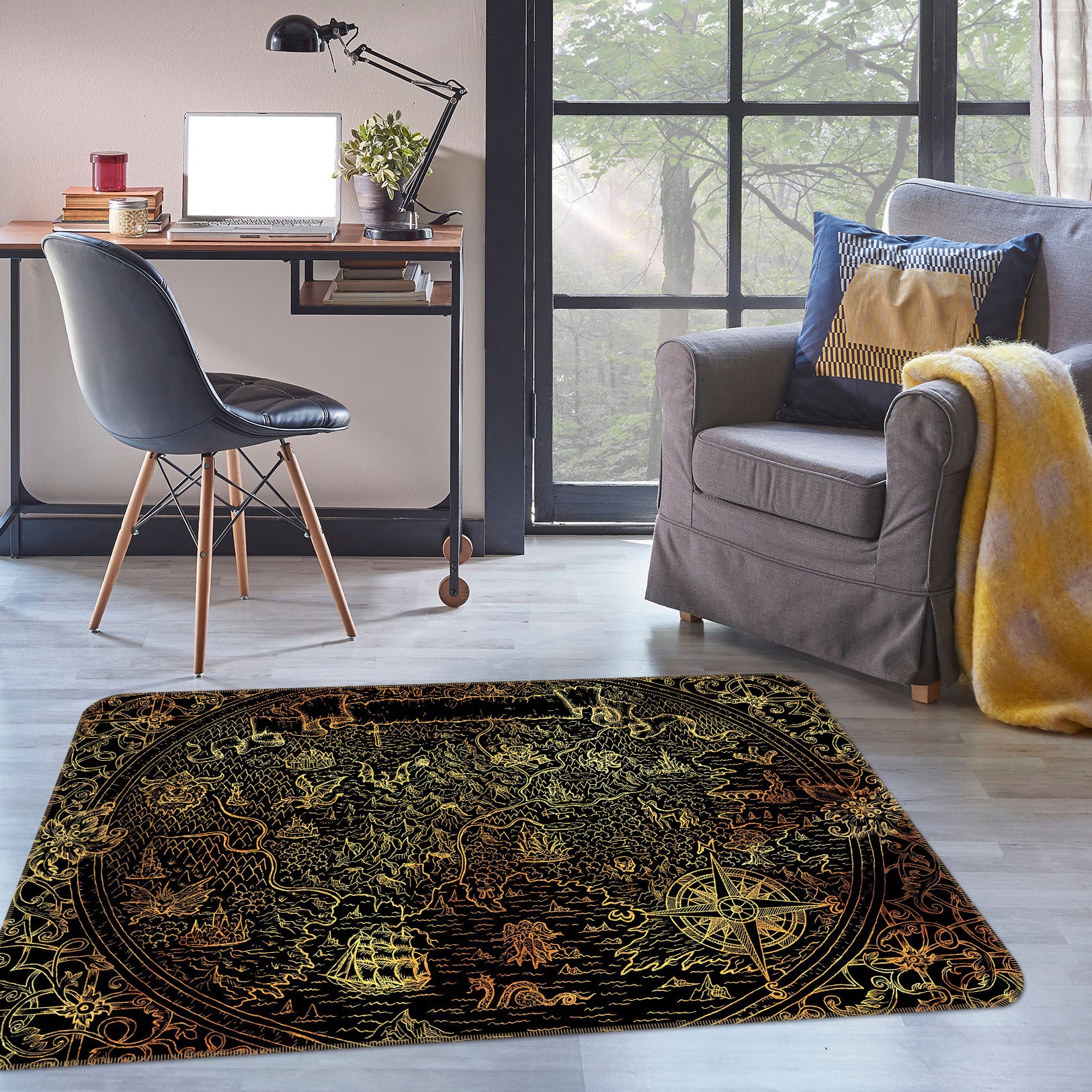 3D Golden Ship 309 World Map Non Slip Rug Mat