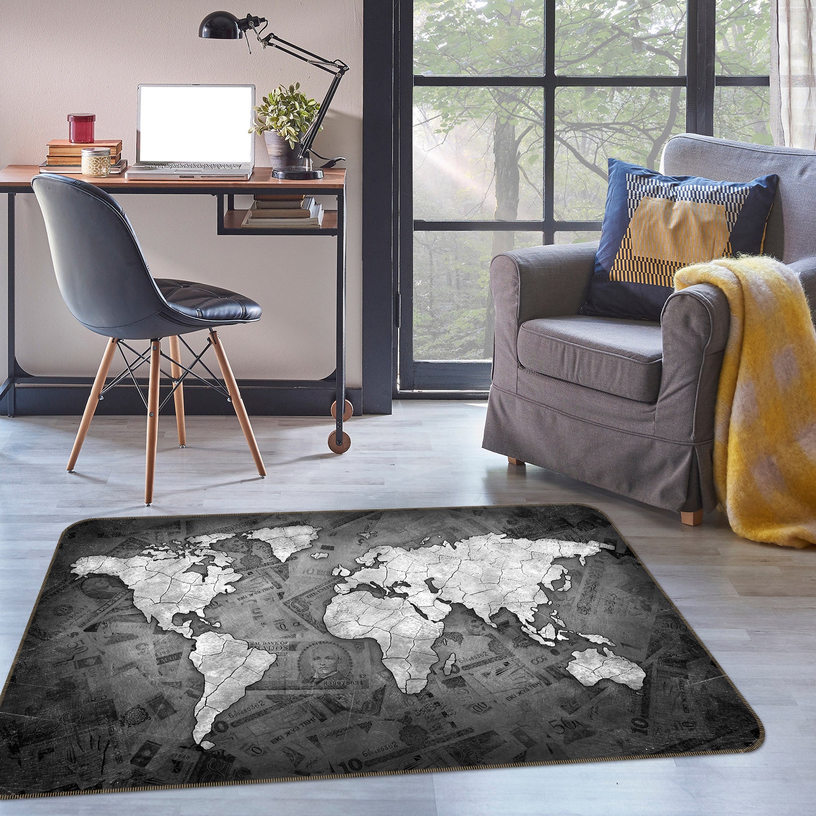 3D Grey Ocean 2009 World Map Non Slip Rug Mat