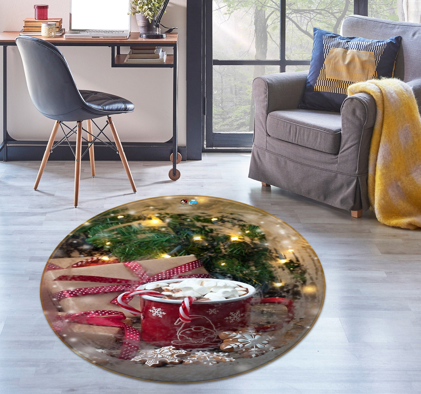3D Red Water Glass 56095 Christmas Round Non Slip Rug Mat Xmas