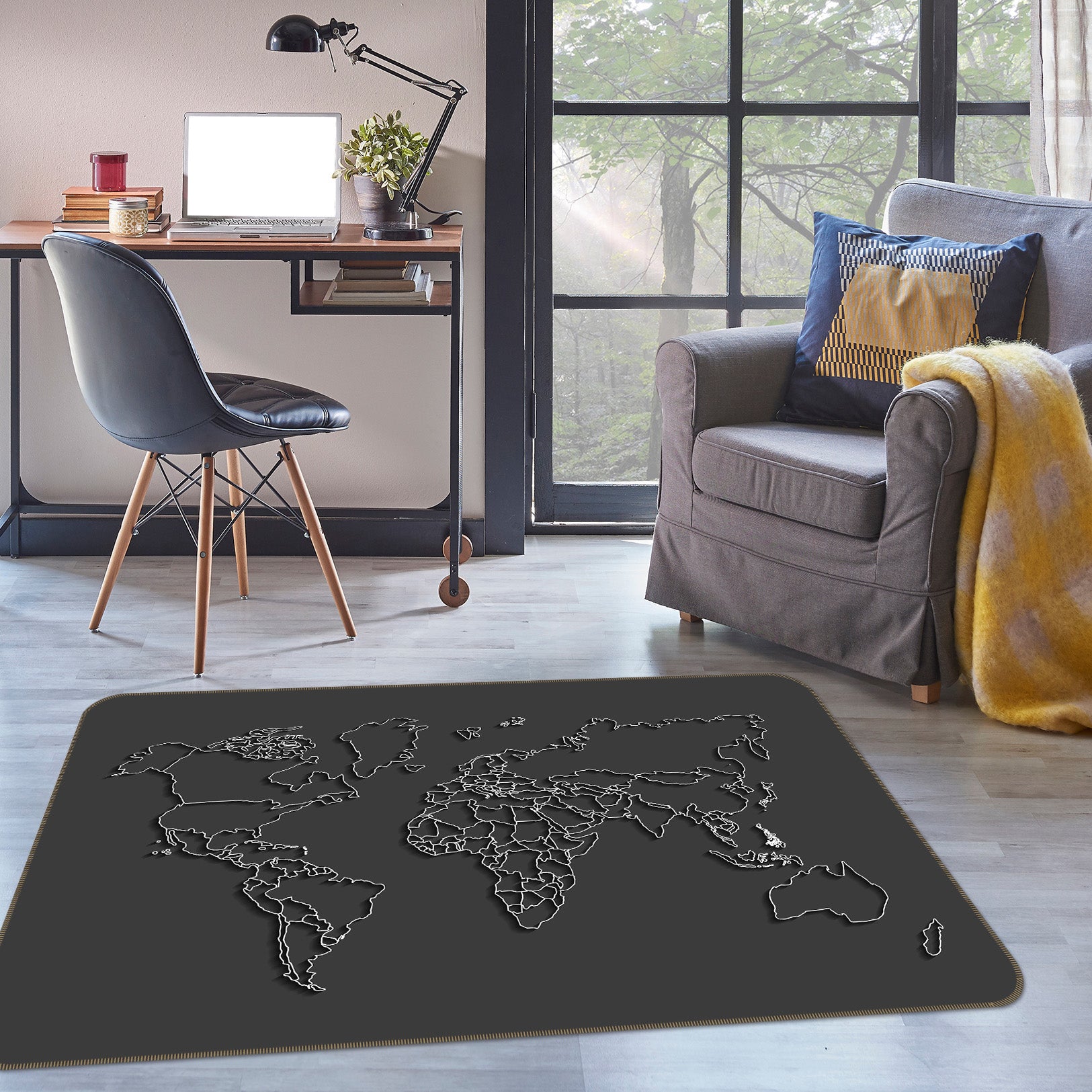 3D Black Pattern 2002 World Map Non Slip Rug Mat