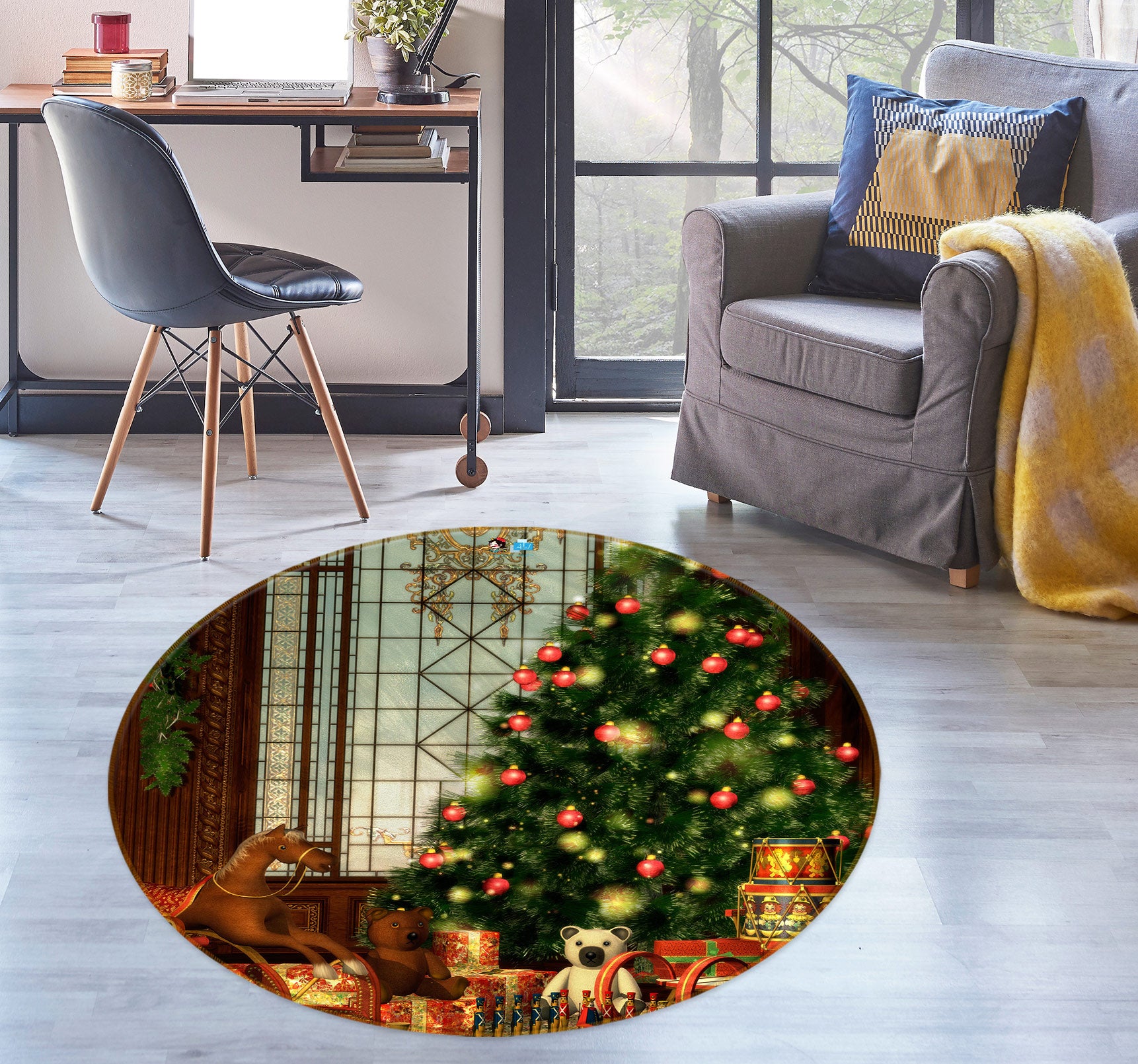 3D Tree 55161 Christmas Round Non Slip Rug Mat Xmas