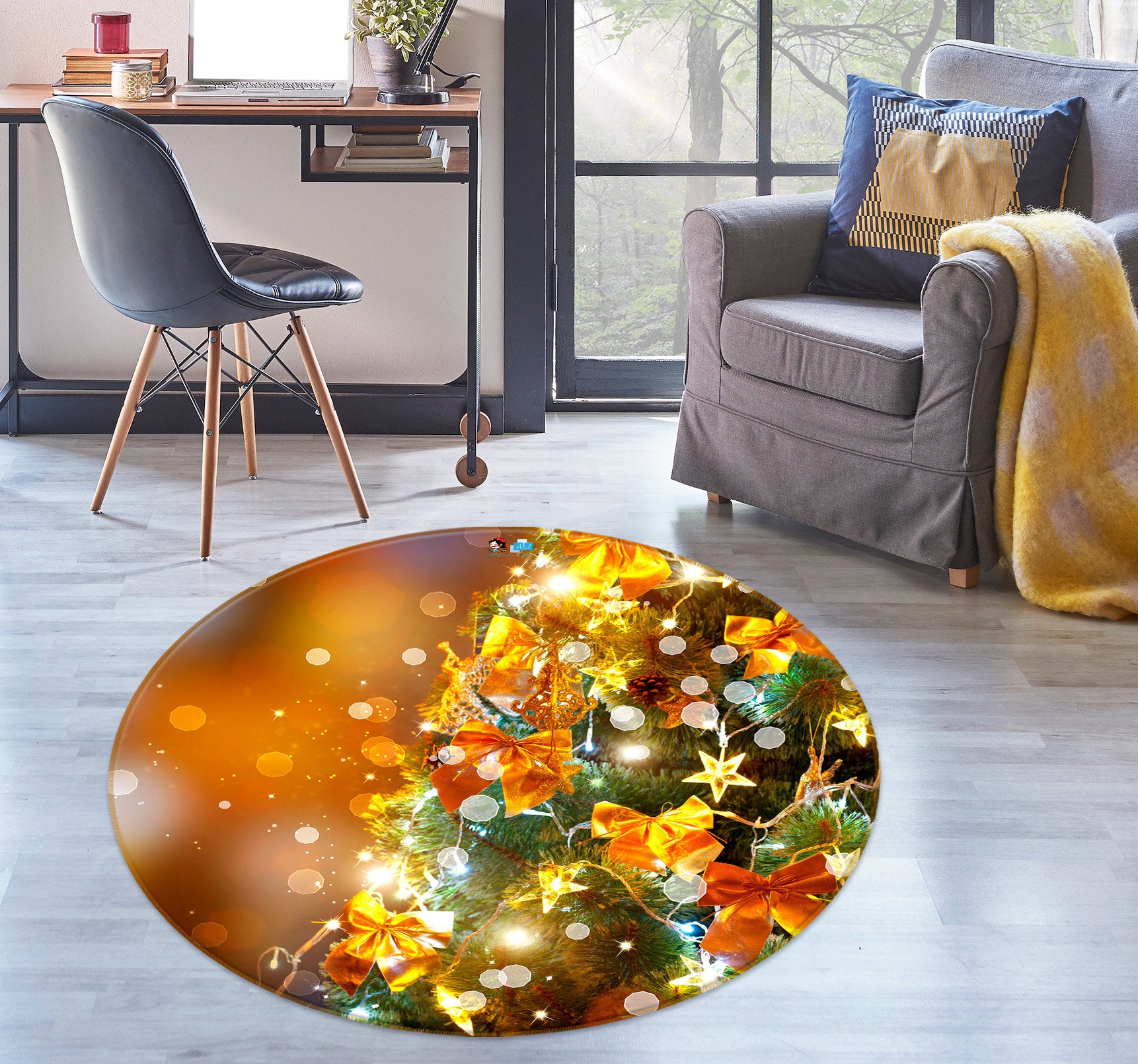 3D Tree Golden Bow 55174 Christmas Round Non Slip Rug Mat Xmas