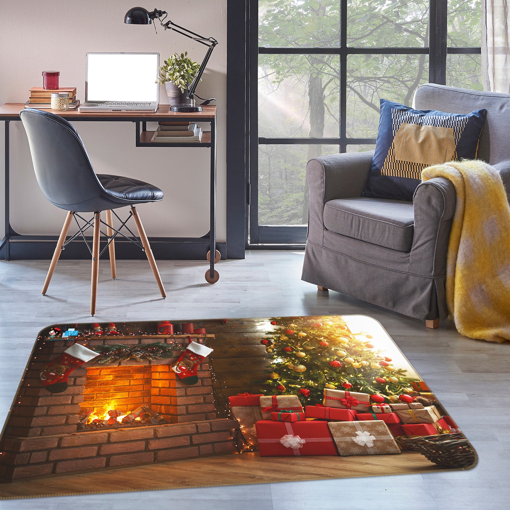 3D Fireplace Gifts 56238 Christmas Non Slip Rug Mat Xmas