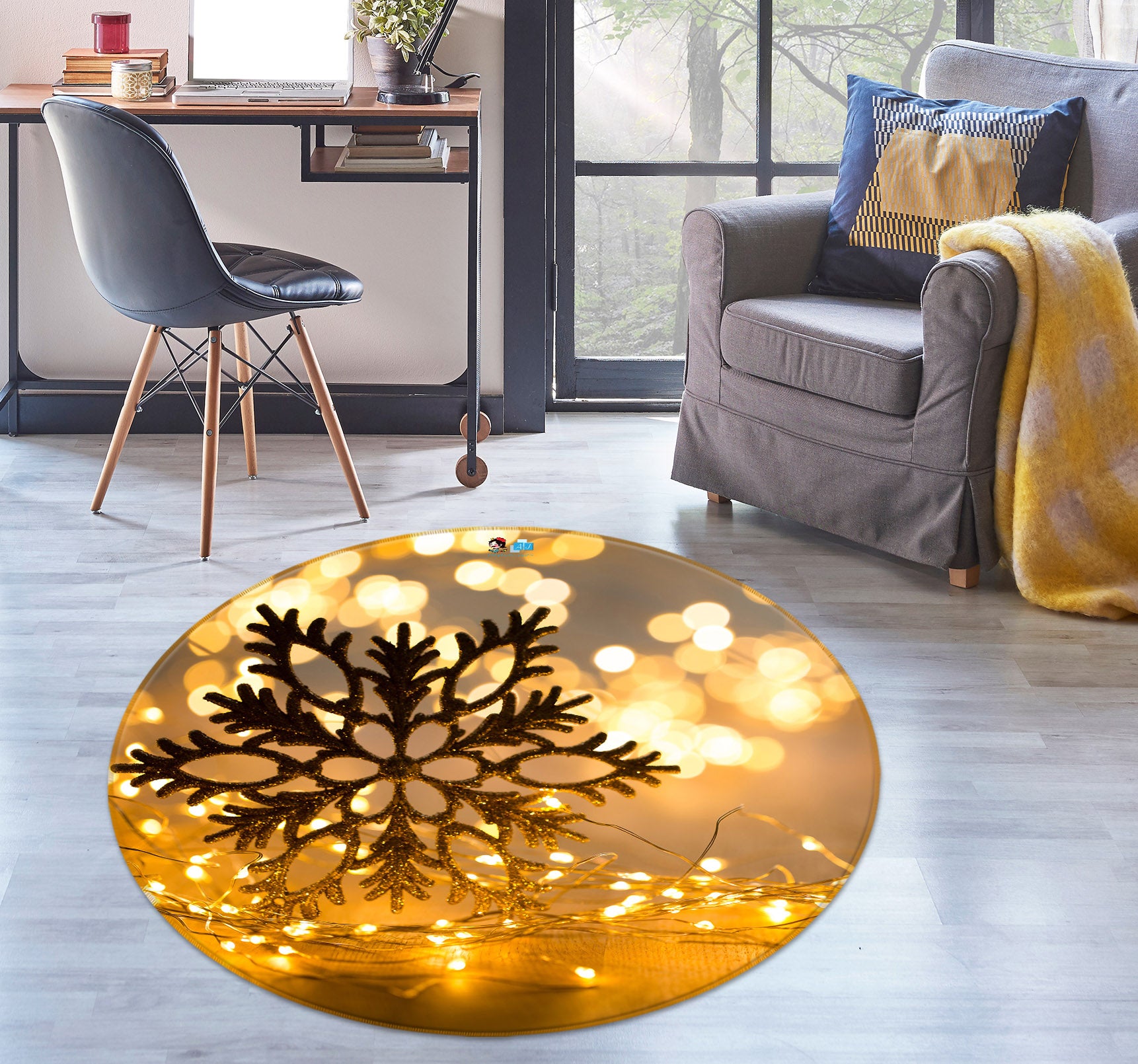 3D Snowflake Light 55261 Christmas Round Non Slip Rug Mat Xmas