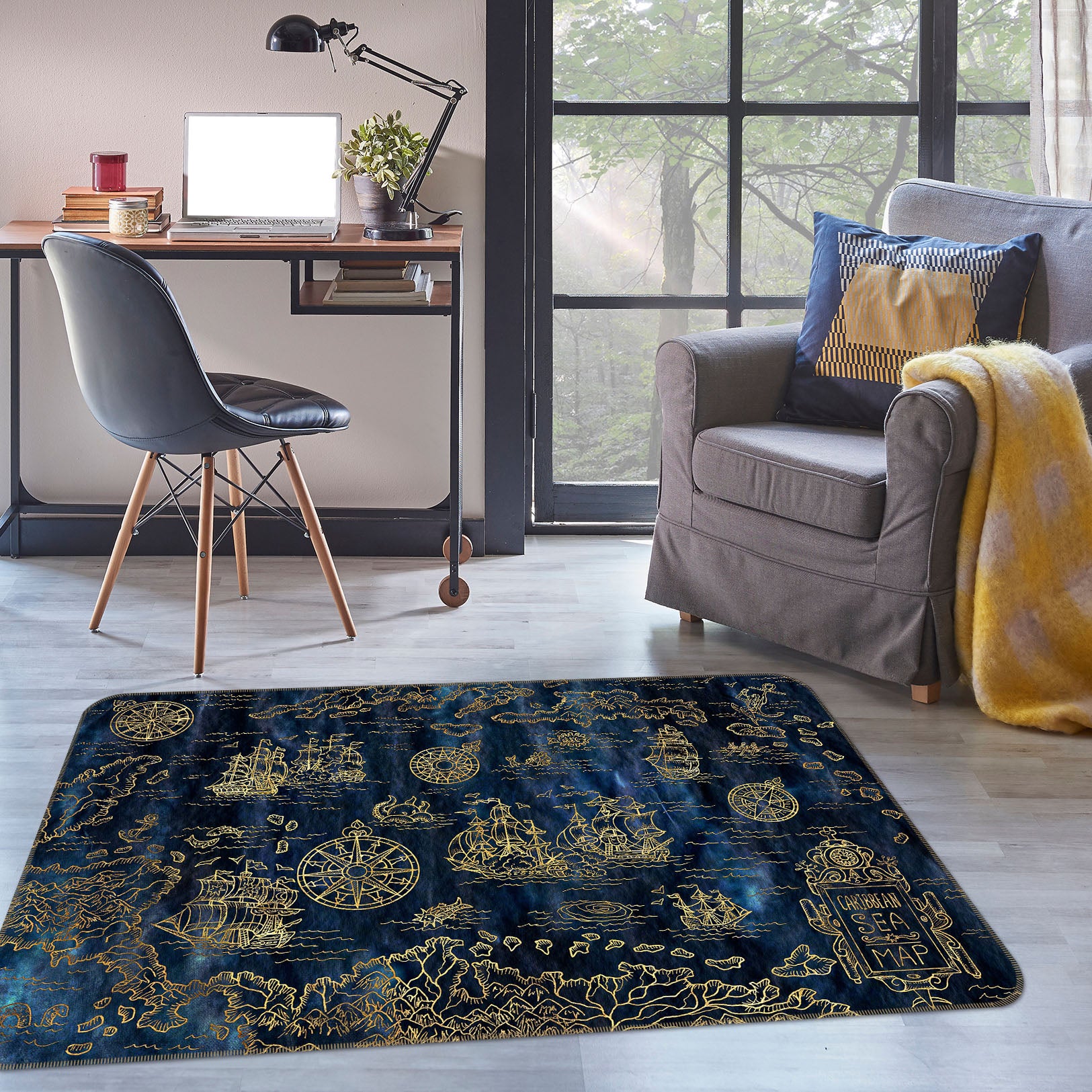 3D Golden Ship 288 World Map Non Slip Rug Mat