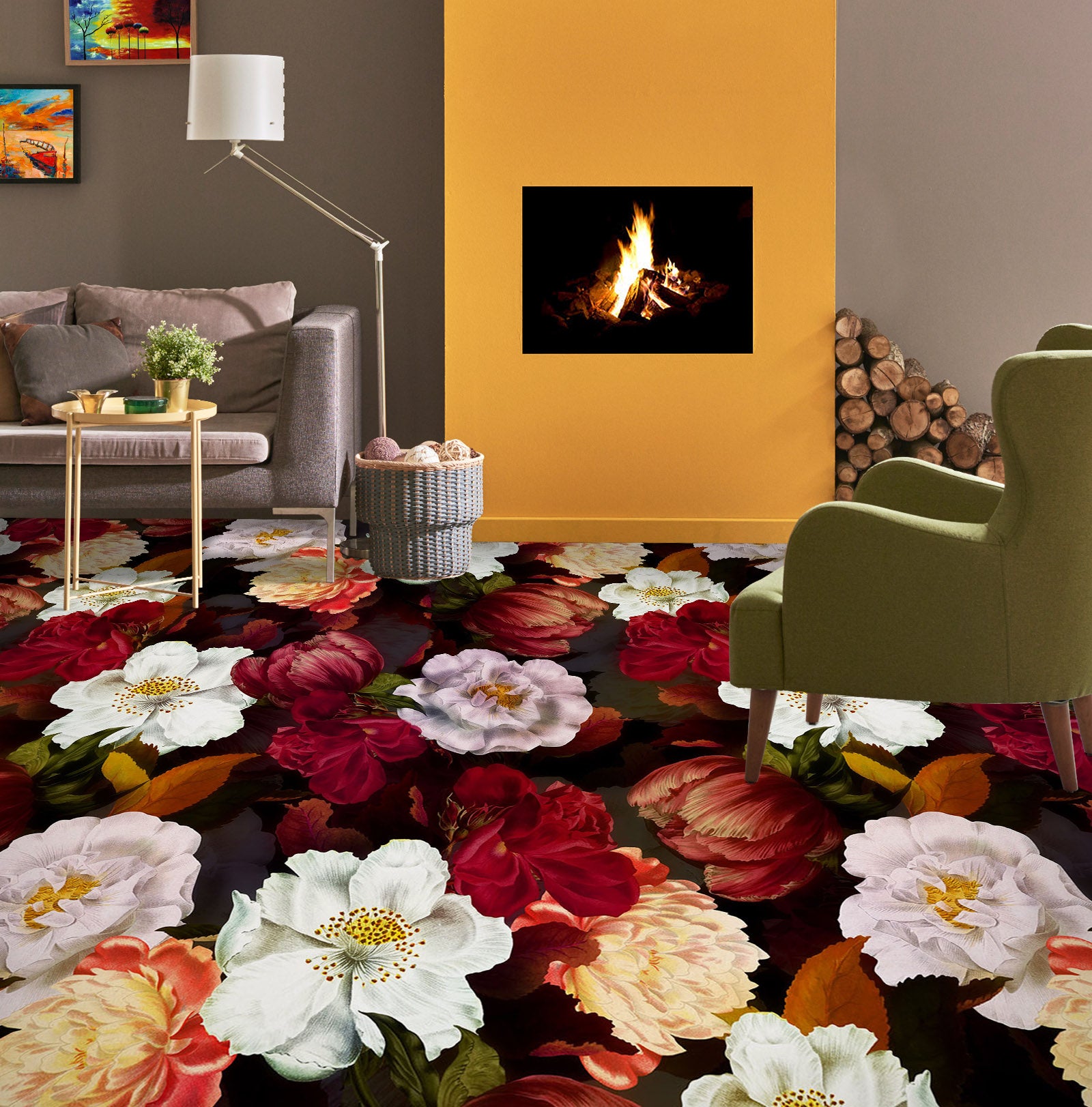 3D White Red Flower Clump 99228 Uta Naumann Floor Mural Wallpaper Murals Self-Adhesive Removable Print Epoxy