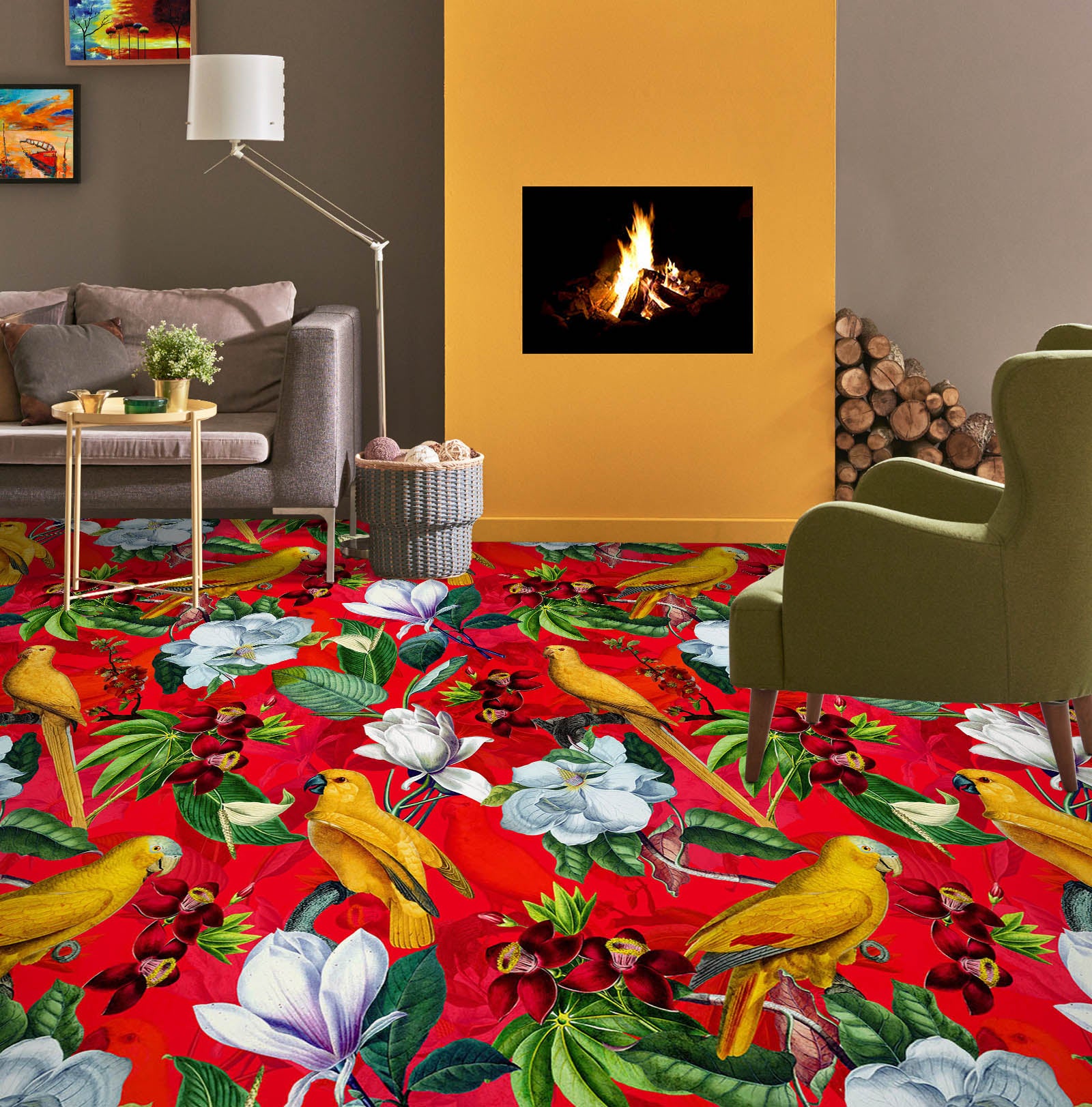 3D Yellow Bird Red Pattern Flowers 99222 Uta Naumann Floor Mural Wallpaper Murals Self-Adhesive Removable Print Epoxy