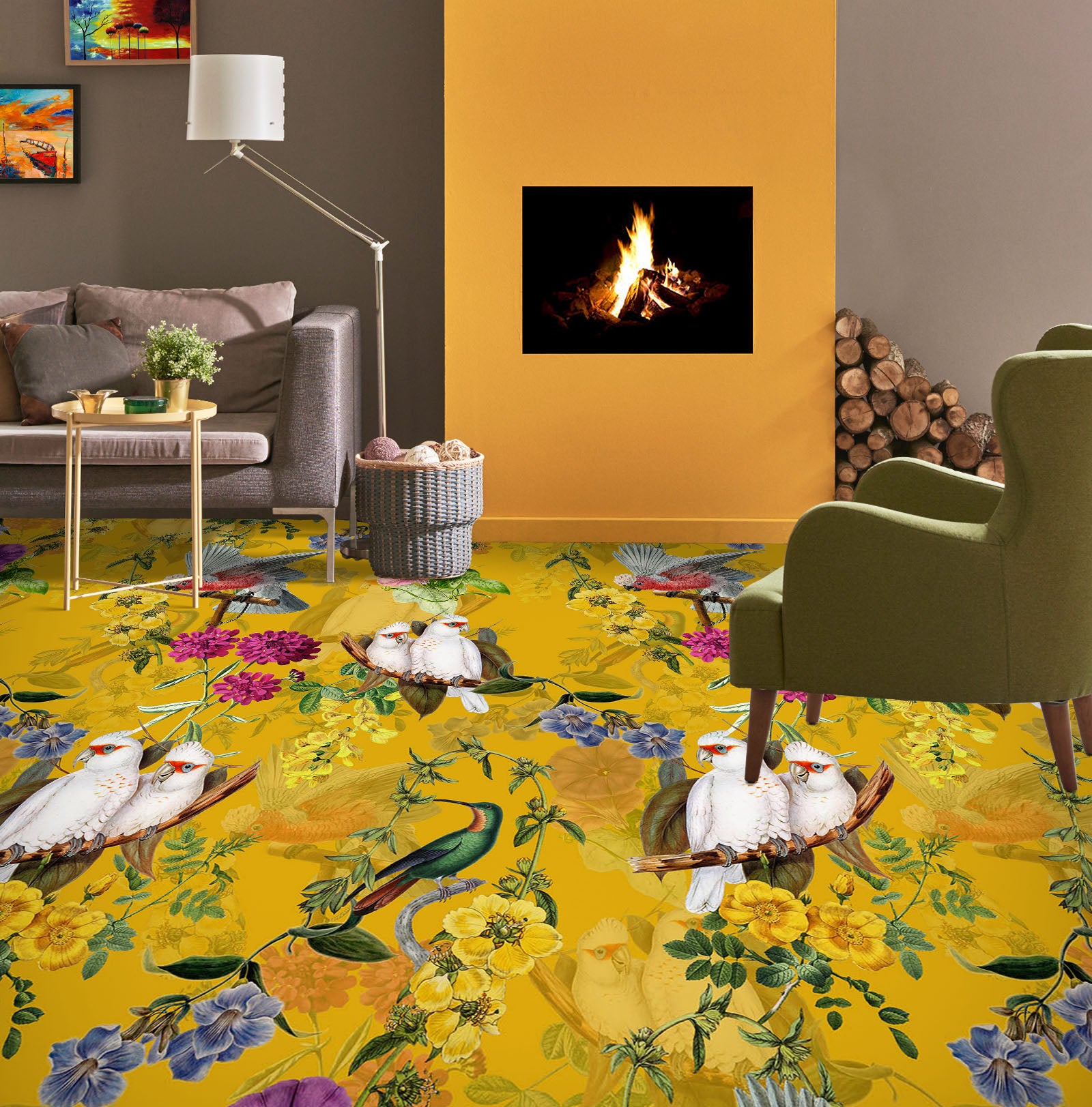 3D Flower Pattern White Parrot 99210 Uta Naumann Floor Mural Wallpaper Murals Self-Adhesive Removable Print Epoxy