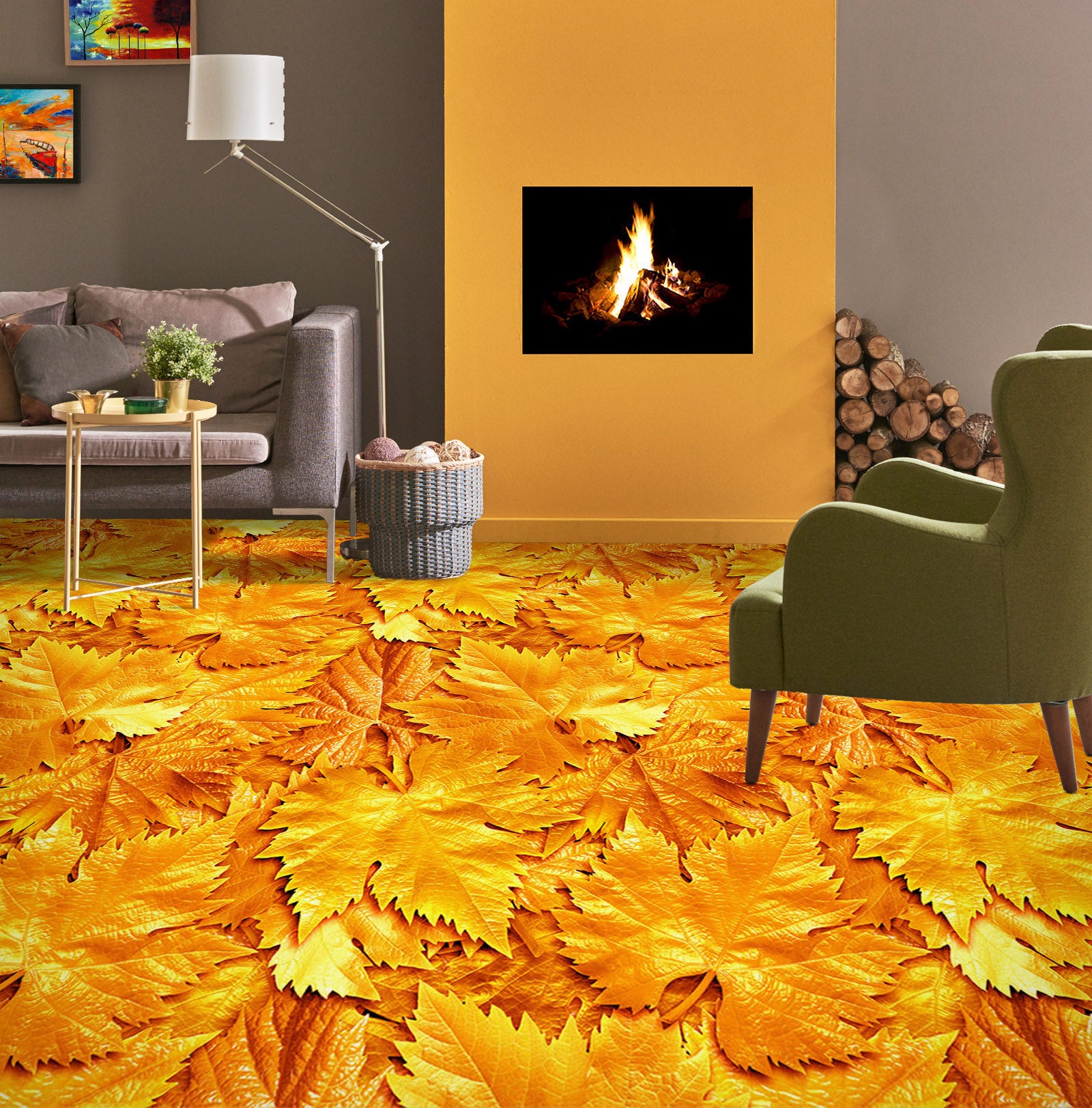 3D Golden Maple Leaves 1419 Floor Mural Wallpaper Murals Self-Adhesive Removable Print Epoxy