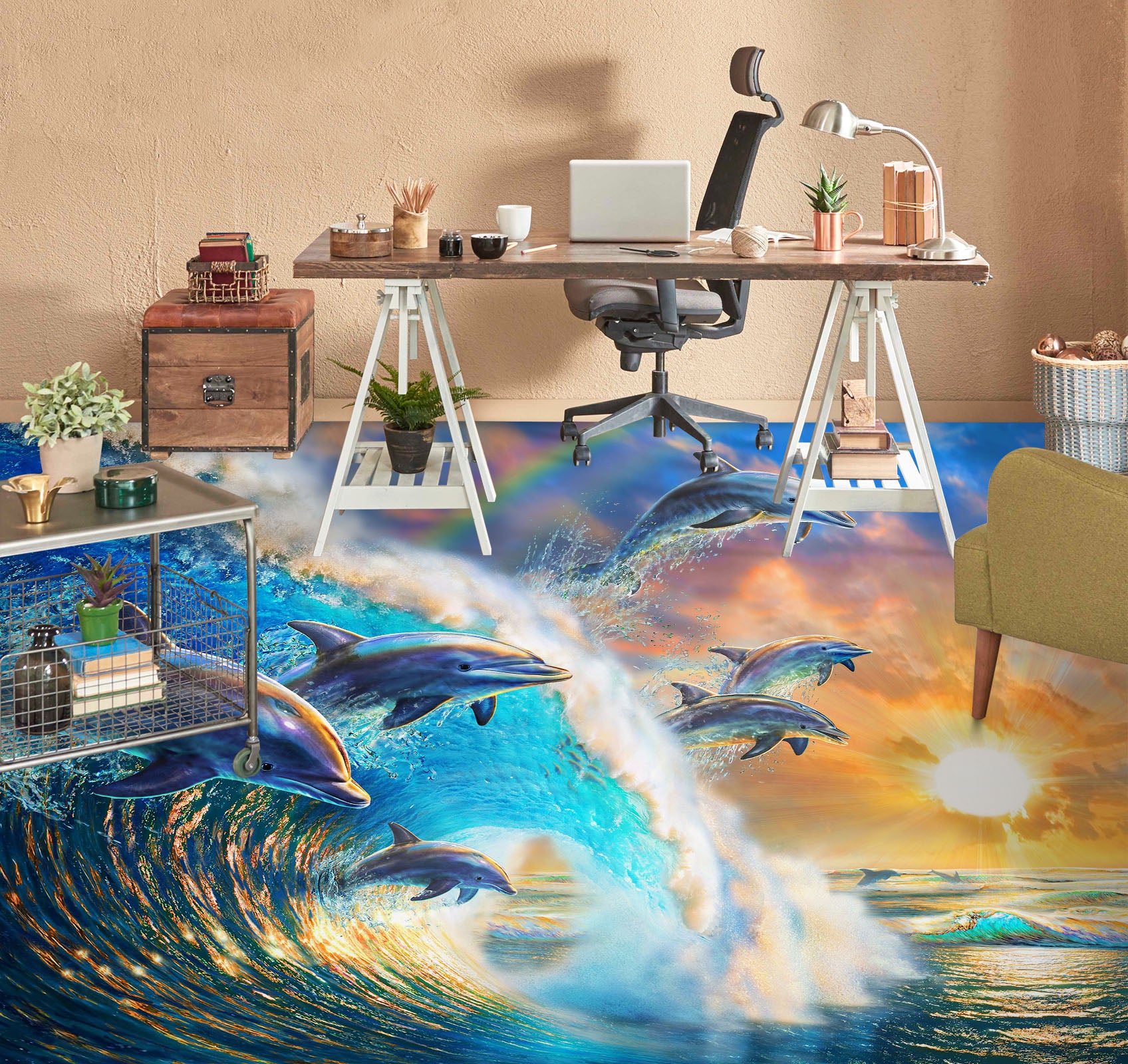 3D Surf Dolphin 96216 Adrian Chesterman Floor Mural Wallpaper Murals Self-Adhesive Removable Print Epoxy