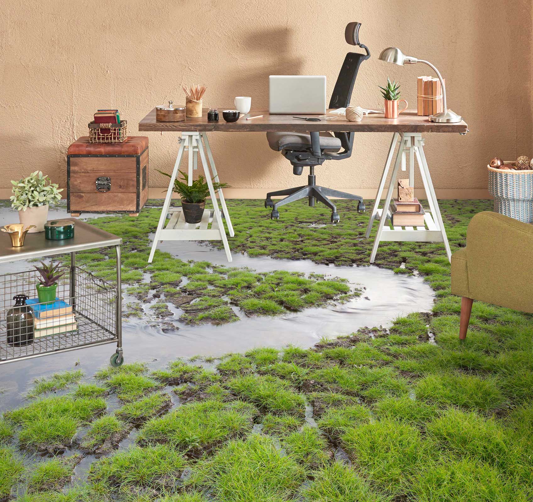 3D Green Grass In The Water 655 Floor Mural