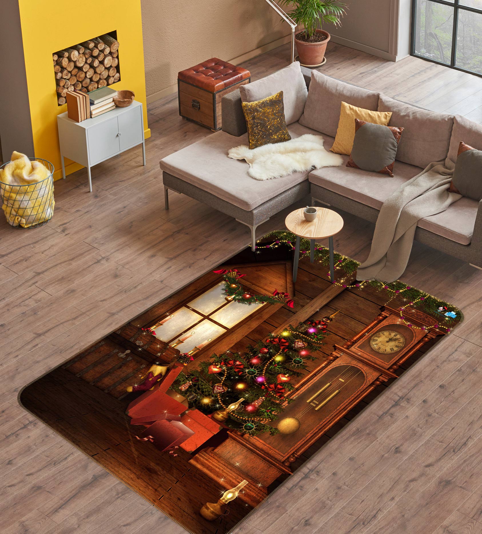 3D Clock Window Tree 56178 Christmas Non Slip Rug Mat Xmas