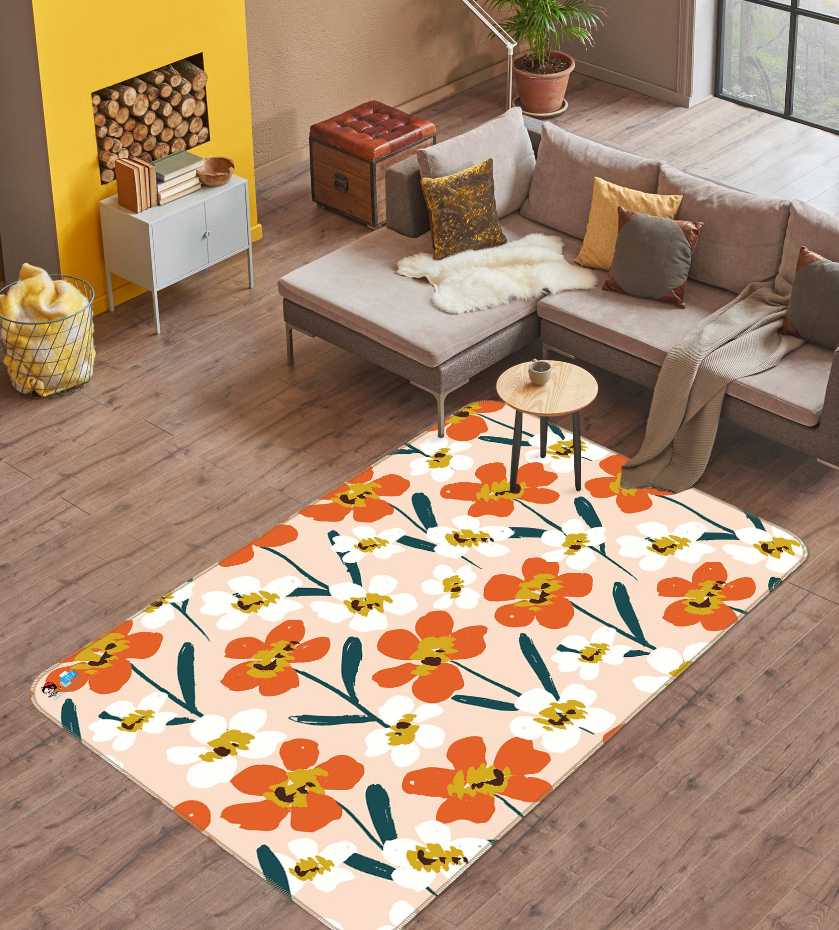 3D Orange White Flowers 10764 Kashmira Jayaprakash Rug Non Slip Rug Mat