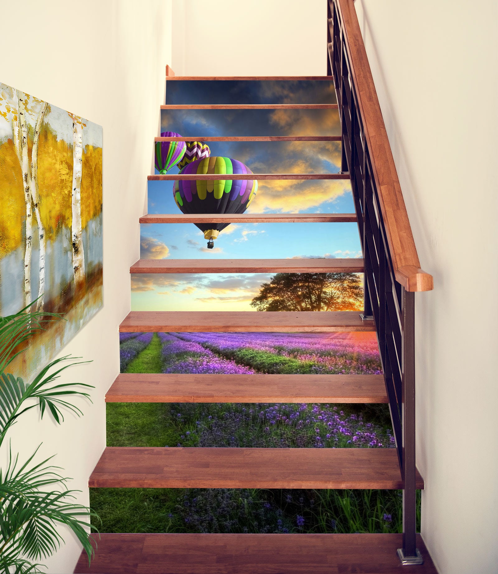 3D Hot Air Balloon Over Flower Field 404 Stair Risers